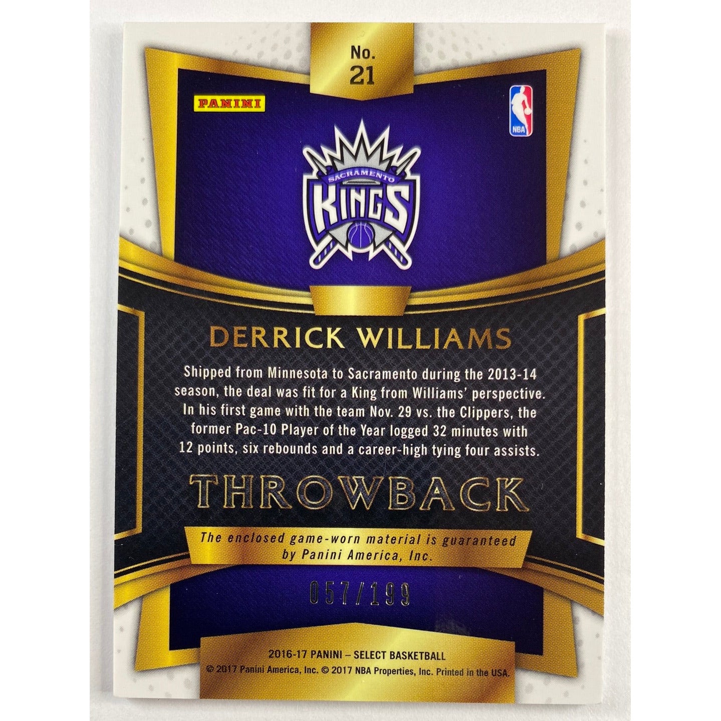 2016-17 Select Derrick Williams Throwback Threads /199 | Local Legends Cards & Collectibles