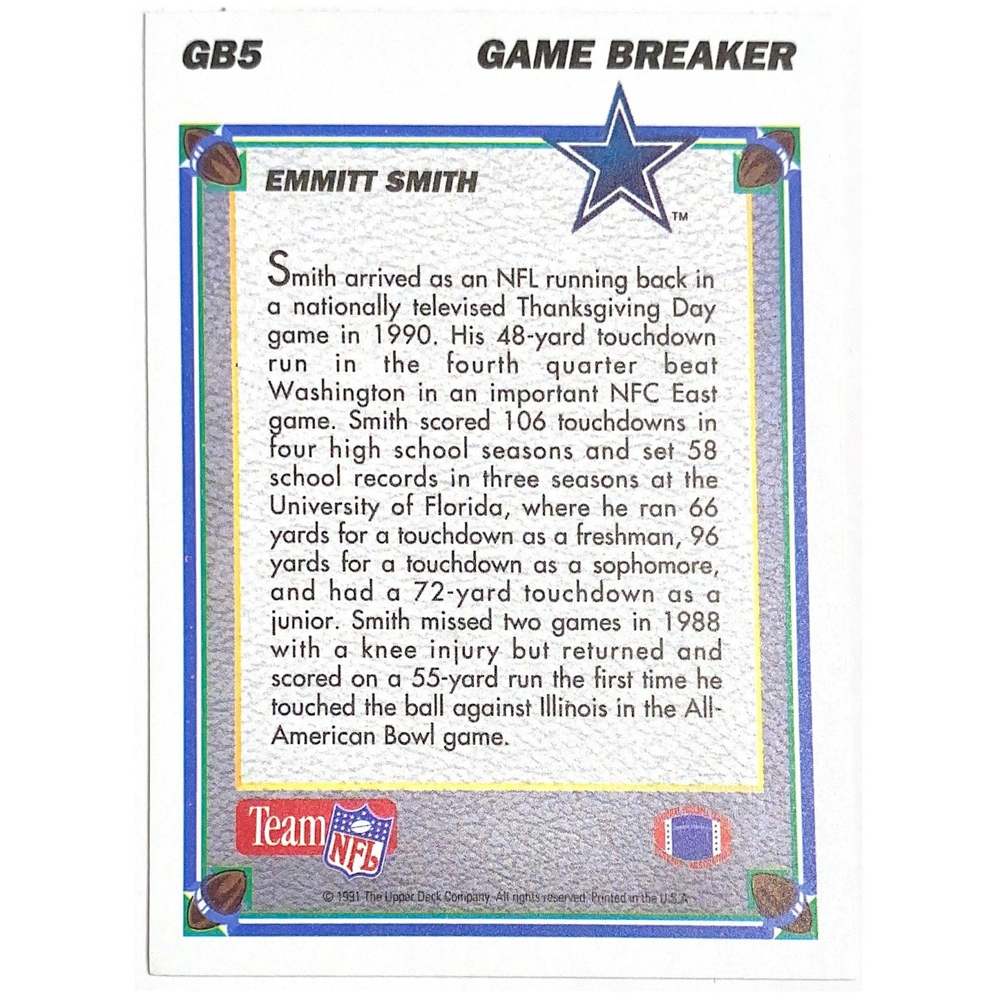 1991 Upper Deck Emmitt Smith Game Breaker Hologram #GB5 | Local Legends Cards & Collectibles