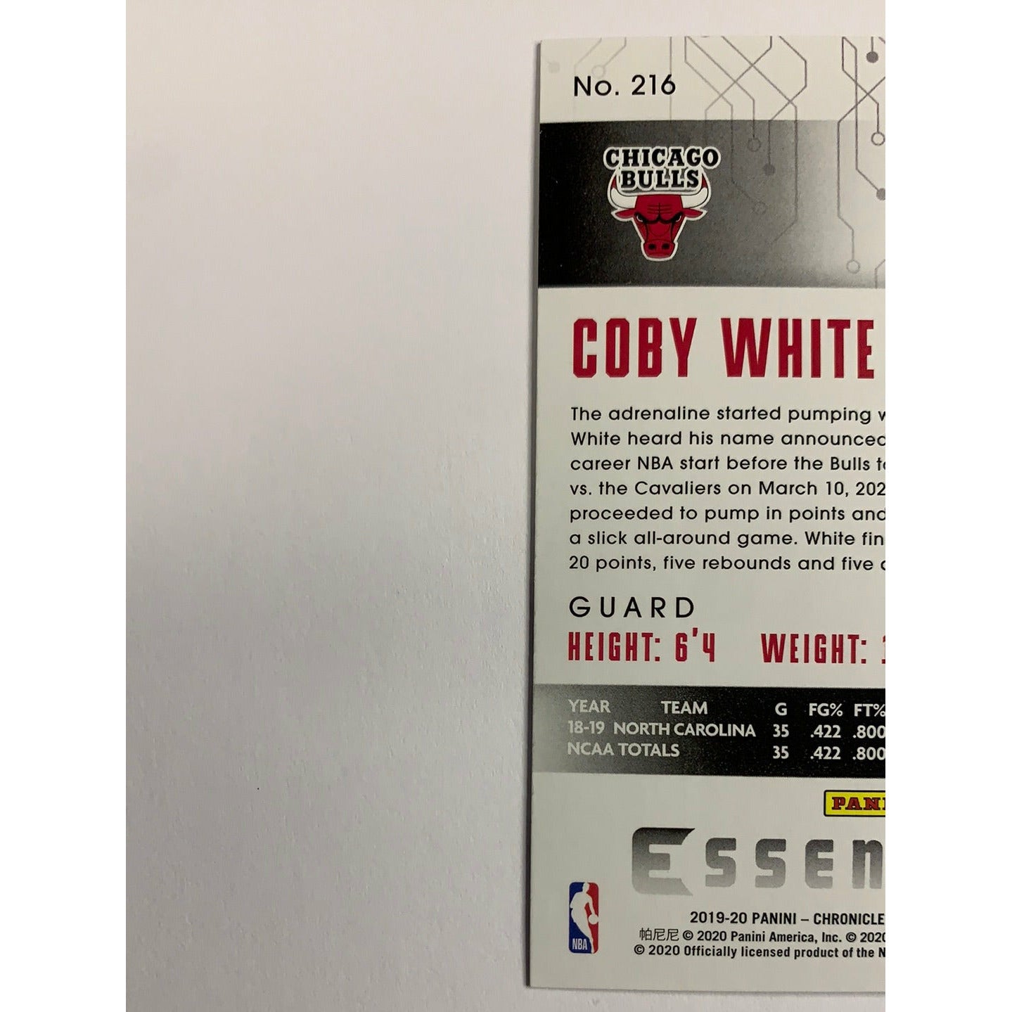 2019-20 Essentials Coby White RC | Local Legends Cards & Collectibles