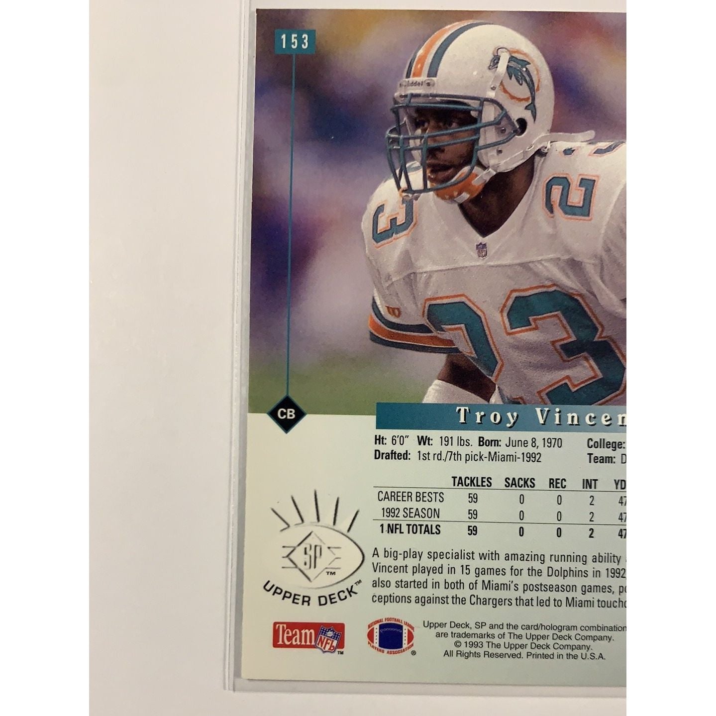1993 Upper Deck Troy Vincent Base #153 Local Legends Cards & Collectibles