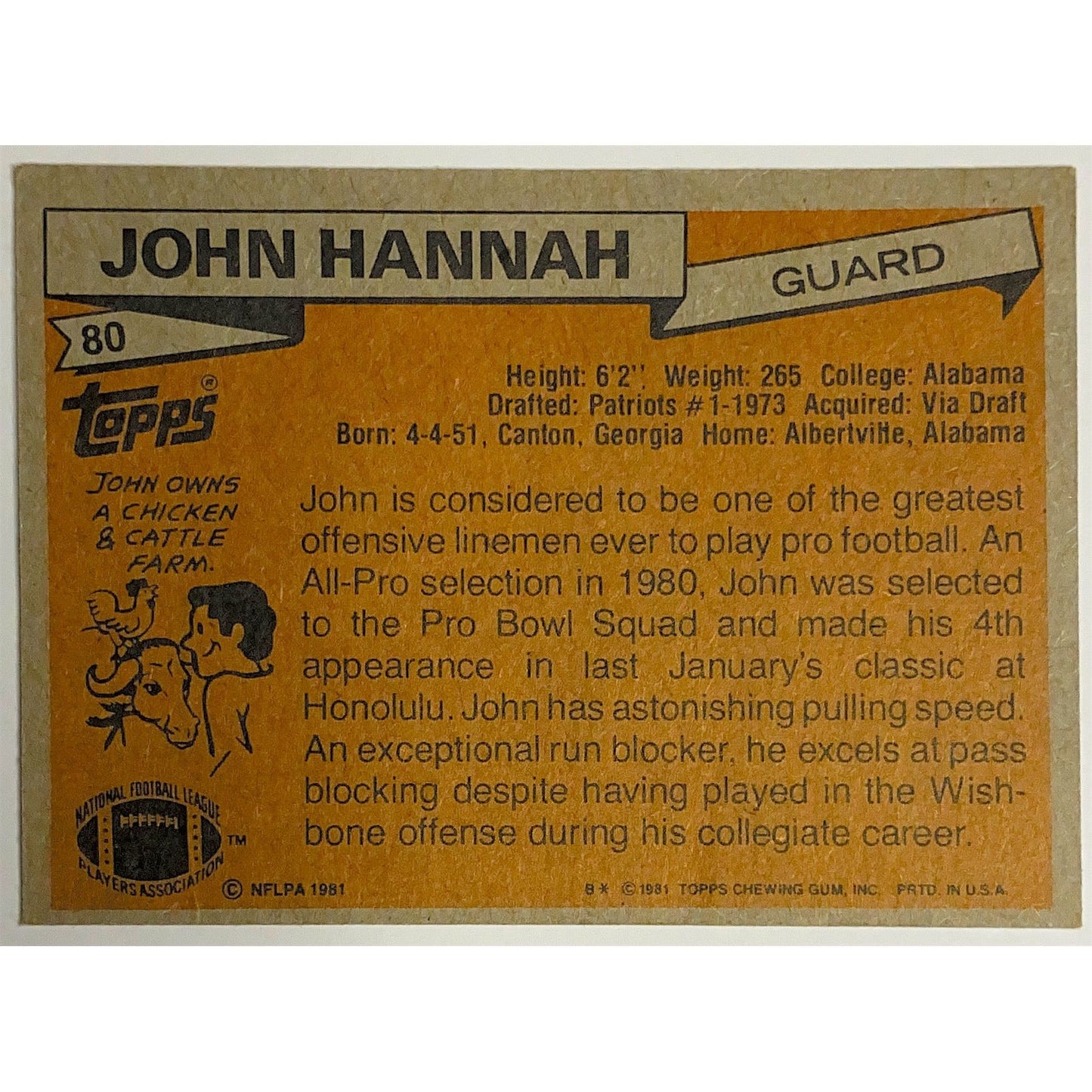 1981 Topps John Hannah All Pro #80 | Local Legends Cards & Collectibles