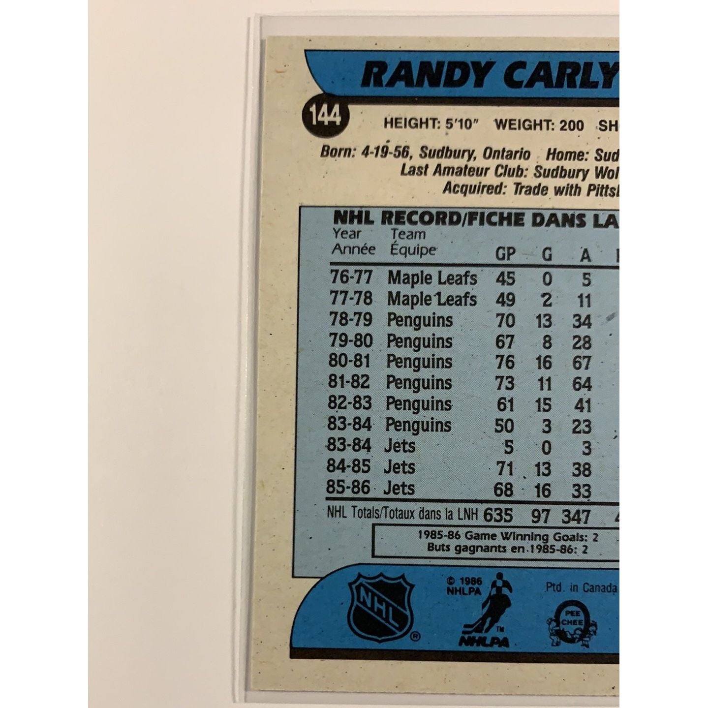 1986-87 O-Pee-Chee Randy Carlyle base #144 Local Legends Cards & Collectibles