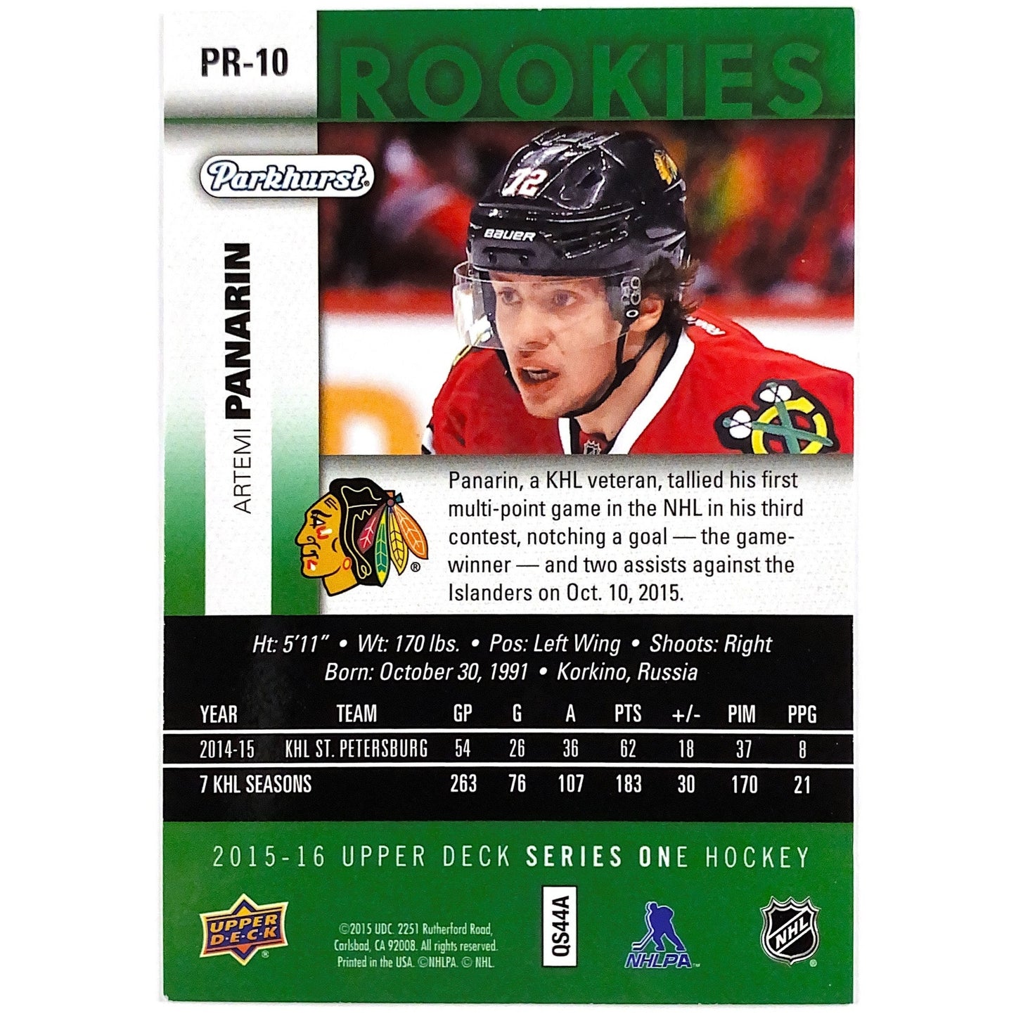 2015-16 Upper Deck Series 1 Artemi Panarin Parkhurst Rookies | Local Legends Cards & Collectibles
