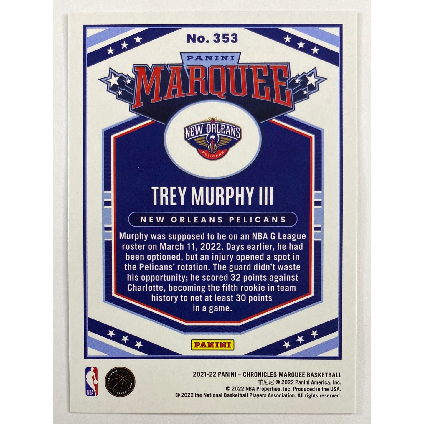 2021-22 Chronicles Marquee Trey Murphy III RC | Local Legends Cards & Collectibles