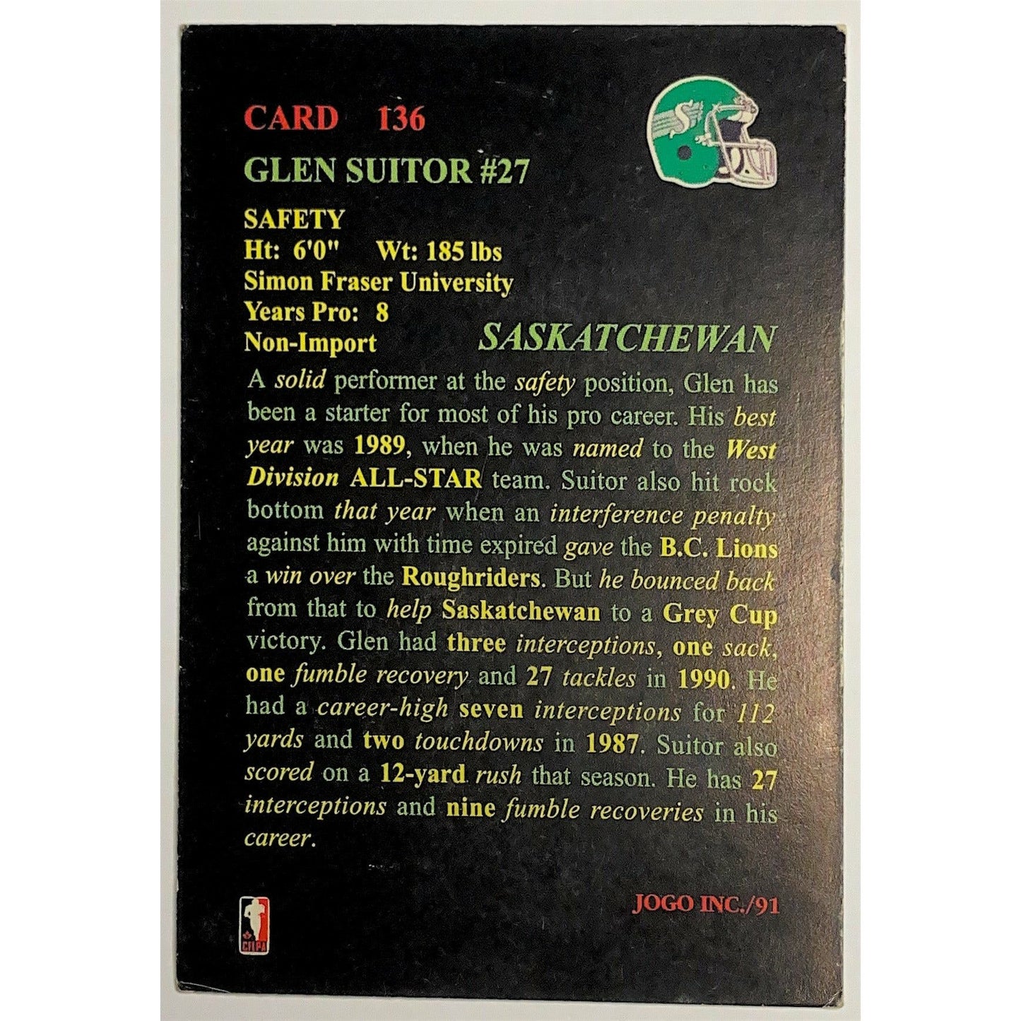 1991 CFL JOGO Glen Suitor #136 | Local Legends Cards & Collectibles