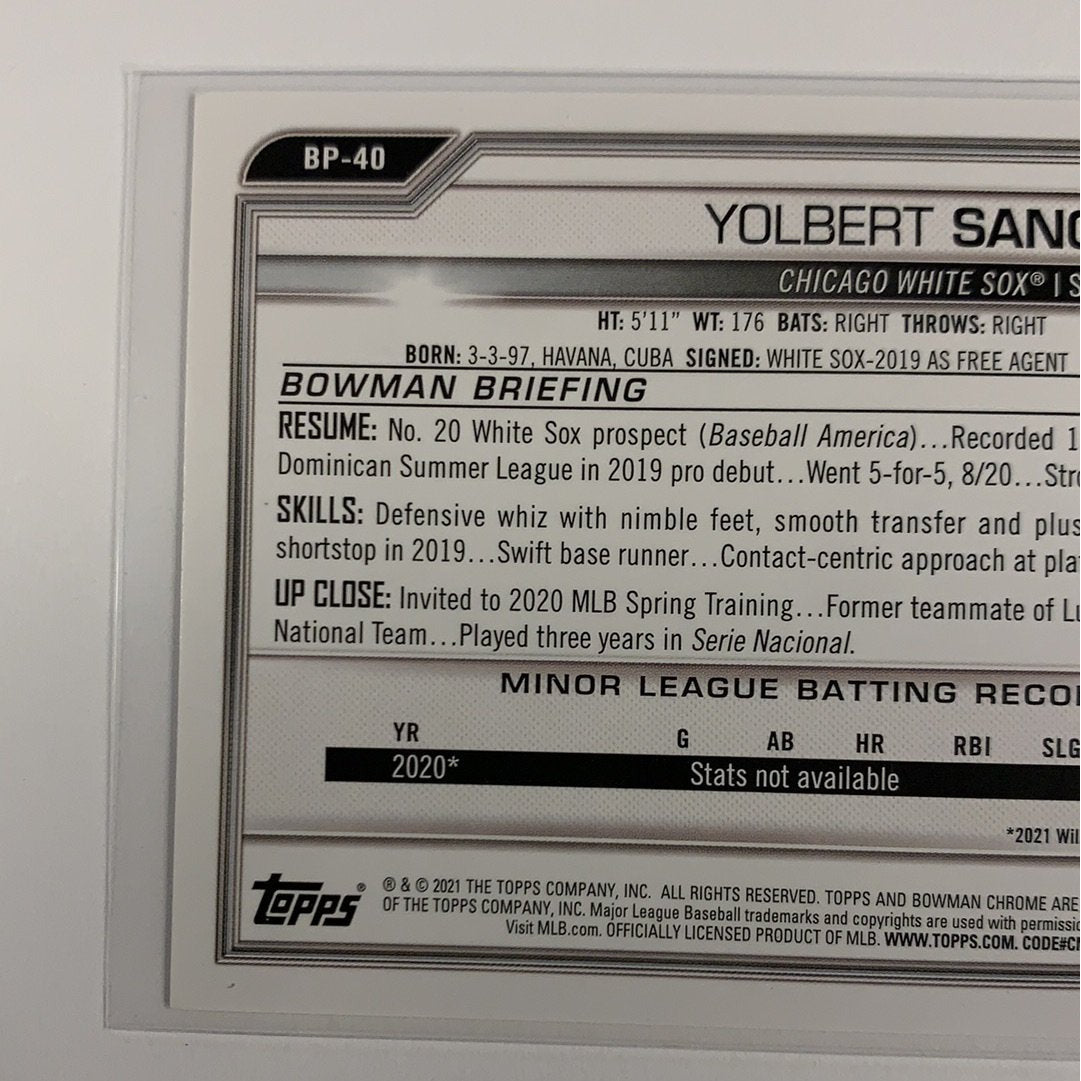 2021 Bowman 1st Yolbert Sanchez BP-40 | Local Legends Cards & Collectibles