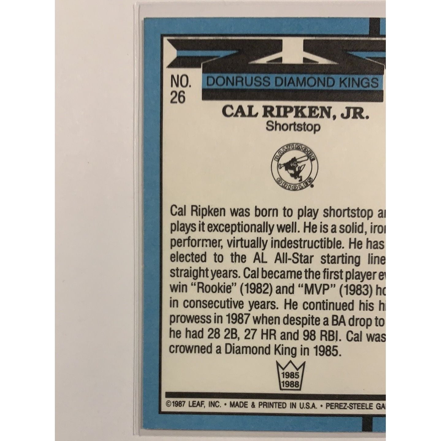 1987 Leaf Donruss Cal Ripkin Jr Donruss Diamond Kings | Local Legends Cards & Collectibles