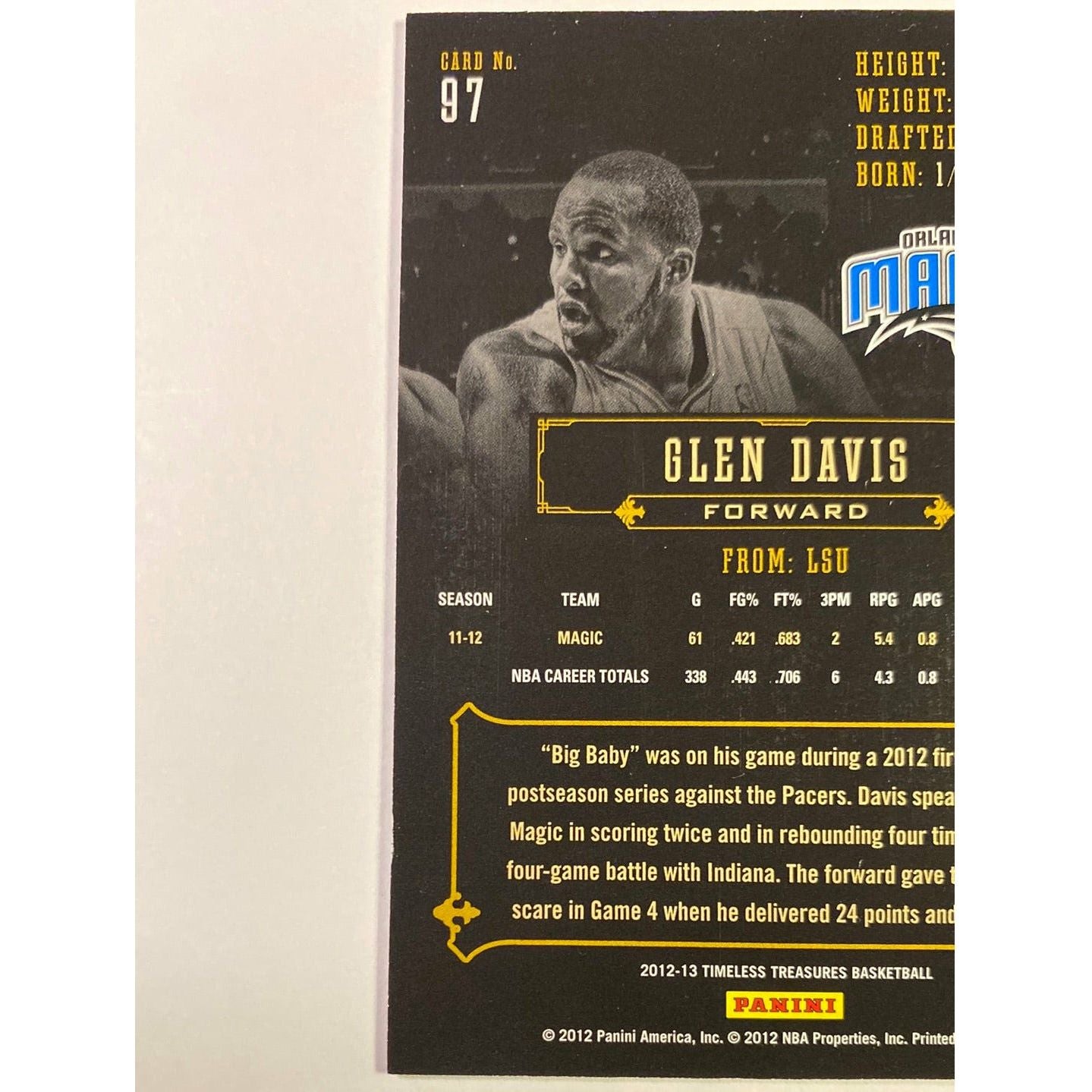 2012-13 Timeless Treasures Glen “Big Baby” Davis | Local Legends Cards & Collectibles
