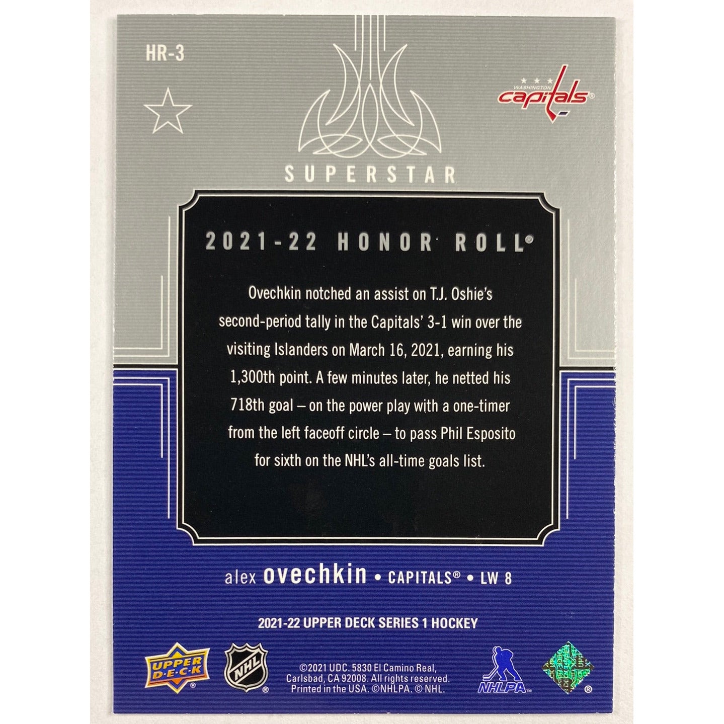 2021-22 Upper Deck Series 1 Alex Ovechkin Honor Roll | Local Legends Cards & Collectibles