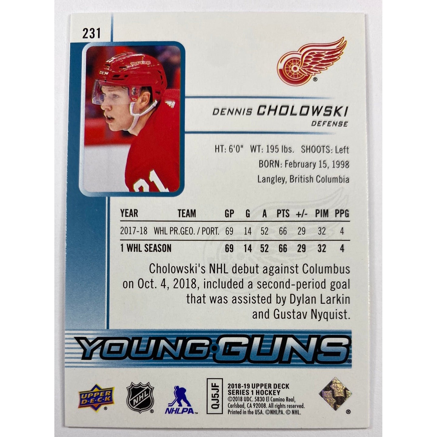 2018-19 Upper Deck Series 1 Dennis Cholowski Young Guns | Local Legends Cards & Collectibles