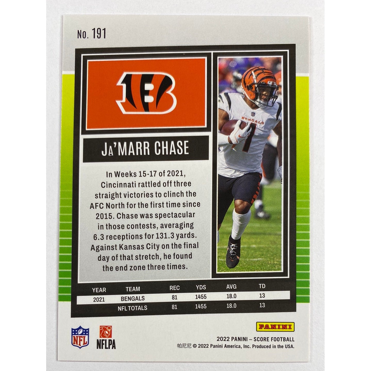 2022 Score Ja’Marr Chase Orange Parallel | Local Legends Cards & Collectibles