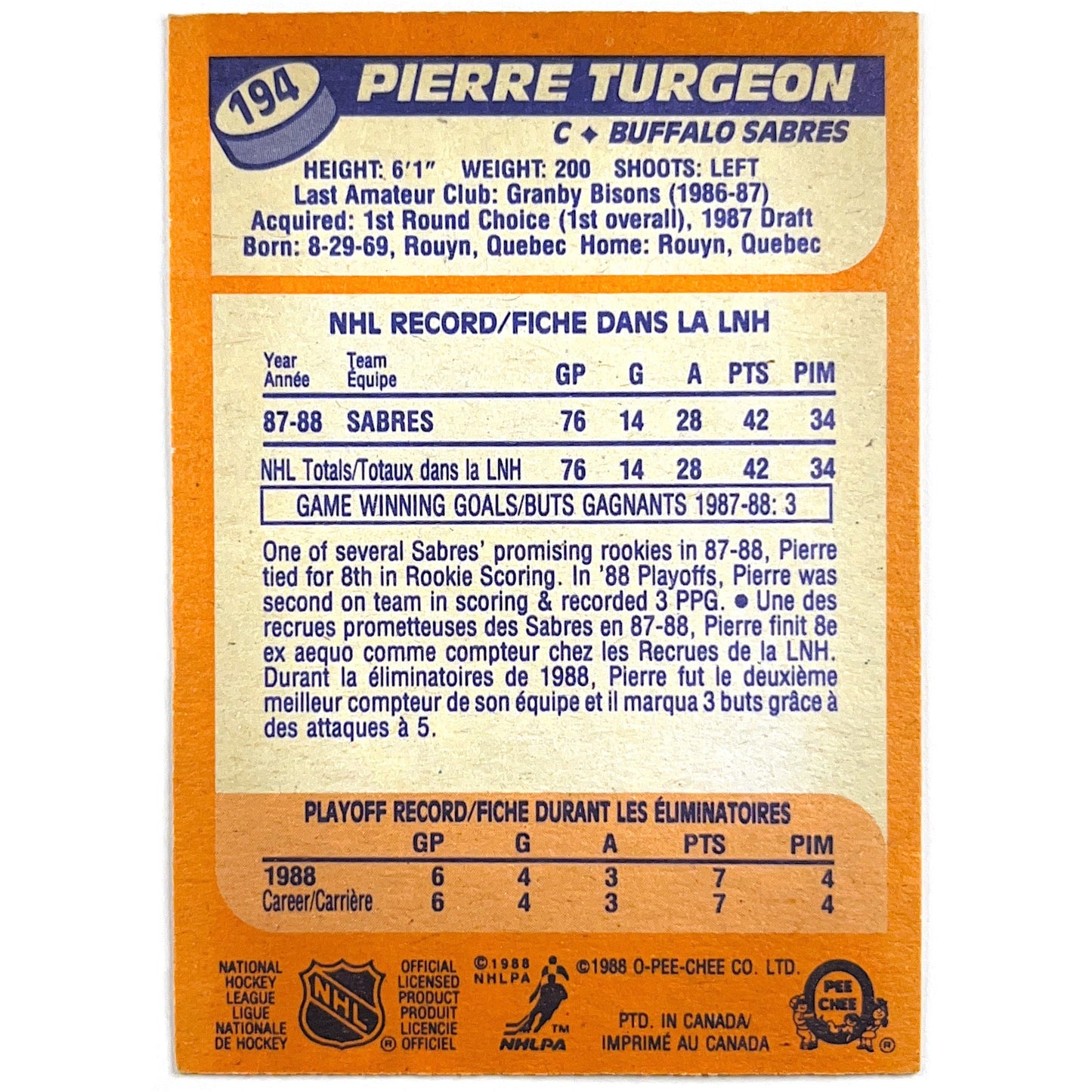 1988-89 O-Pee-Chee Pierre Turgeon RC | Local Legends Cards & Collectibles