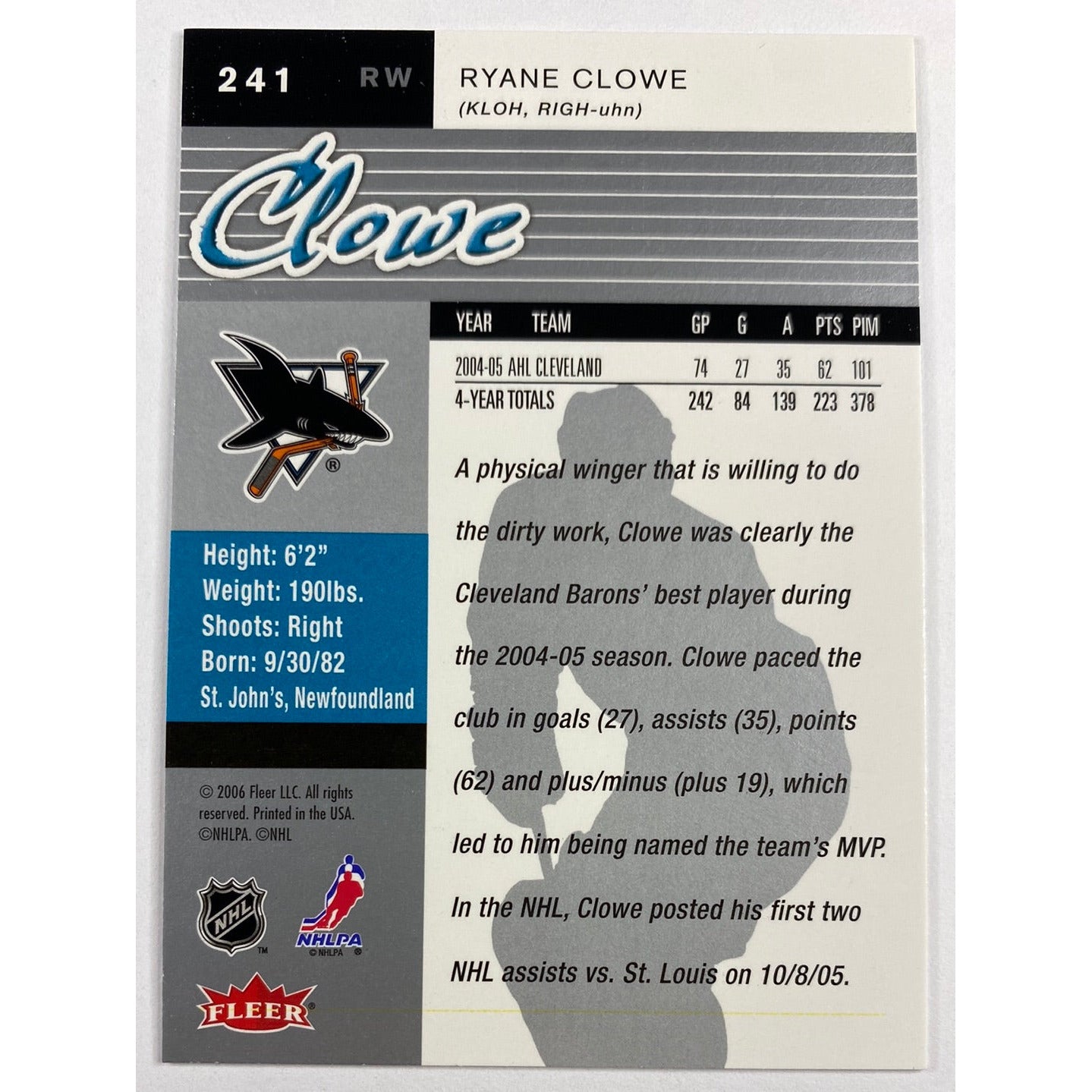 2005-06 Fleer Ultra Ryane Clowe RC | Local Legends Cards & Collectibles