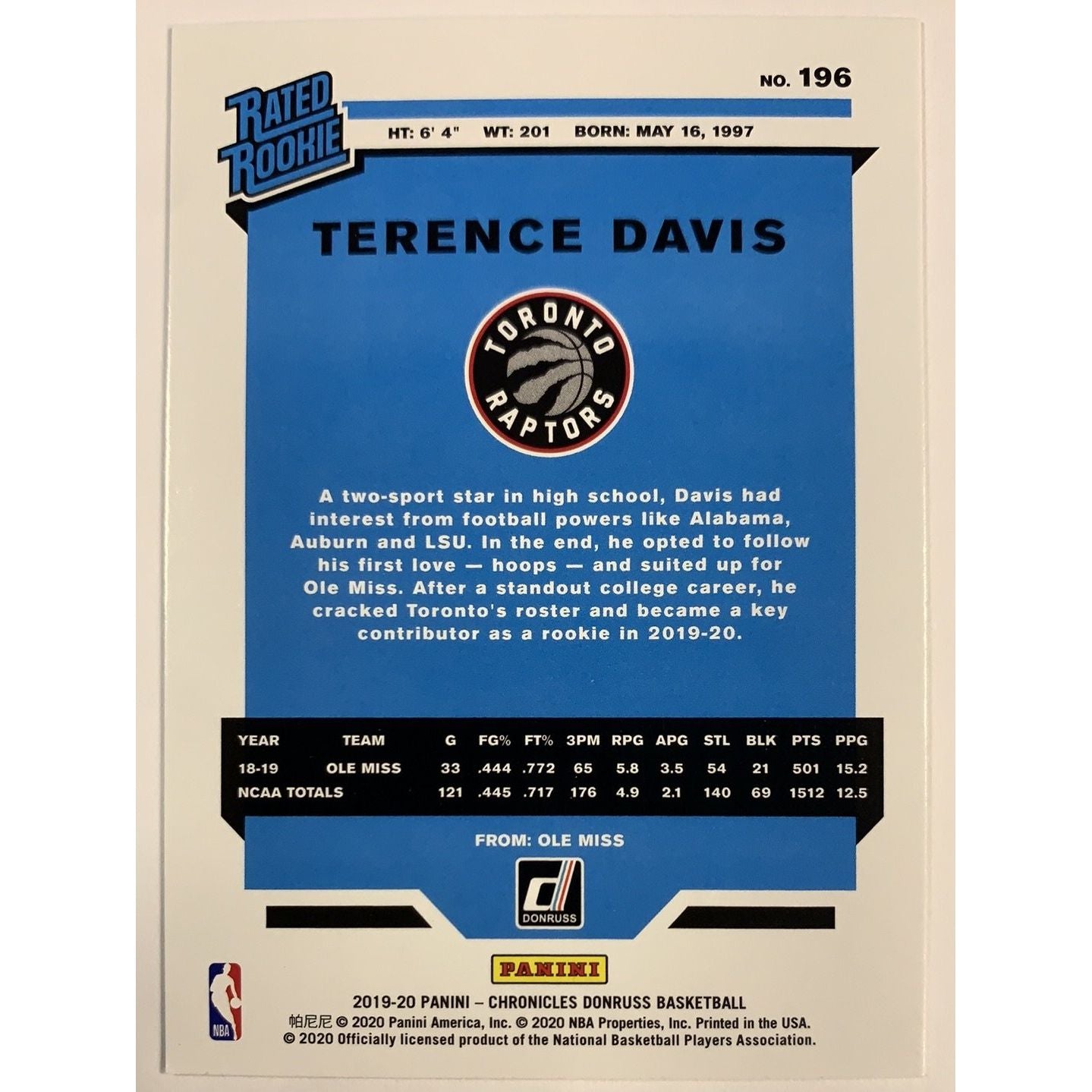 2019-20 Chronicles Donruss Terence Davis Rated Rookie | Local Legends Cards & Collectibles