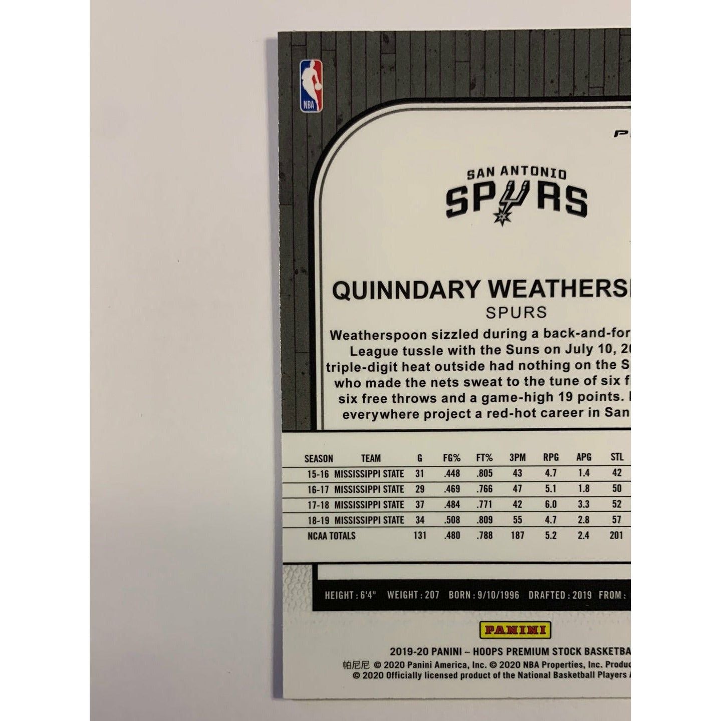 2019-20 Hoops Premium Stock Quinndary Weatherspoon Green Prizm RC | Local Legends Cards & Collectibles