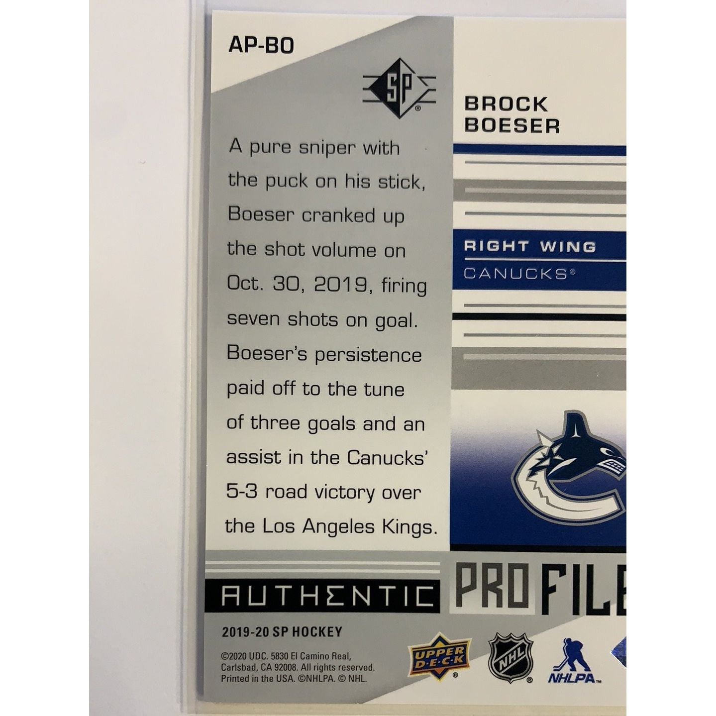 2019-20 SP Brock Boeser Authentic Pro Files | Local Legends Cards & Collectibles