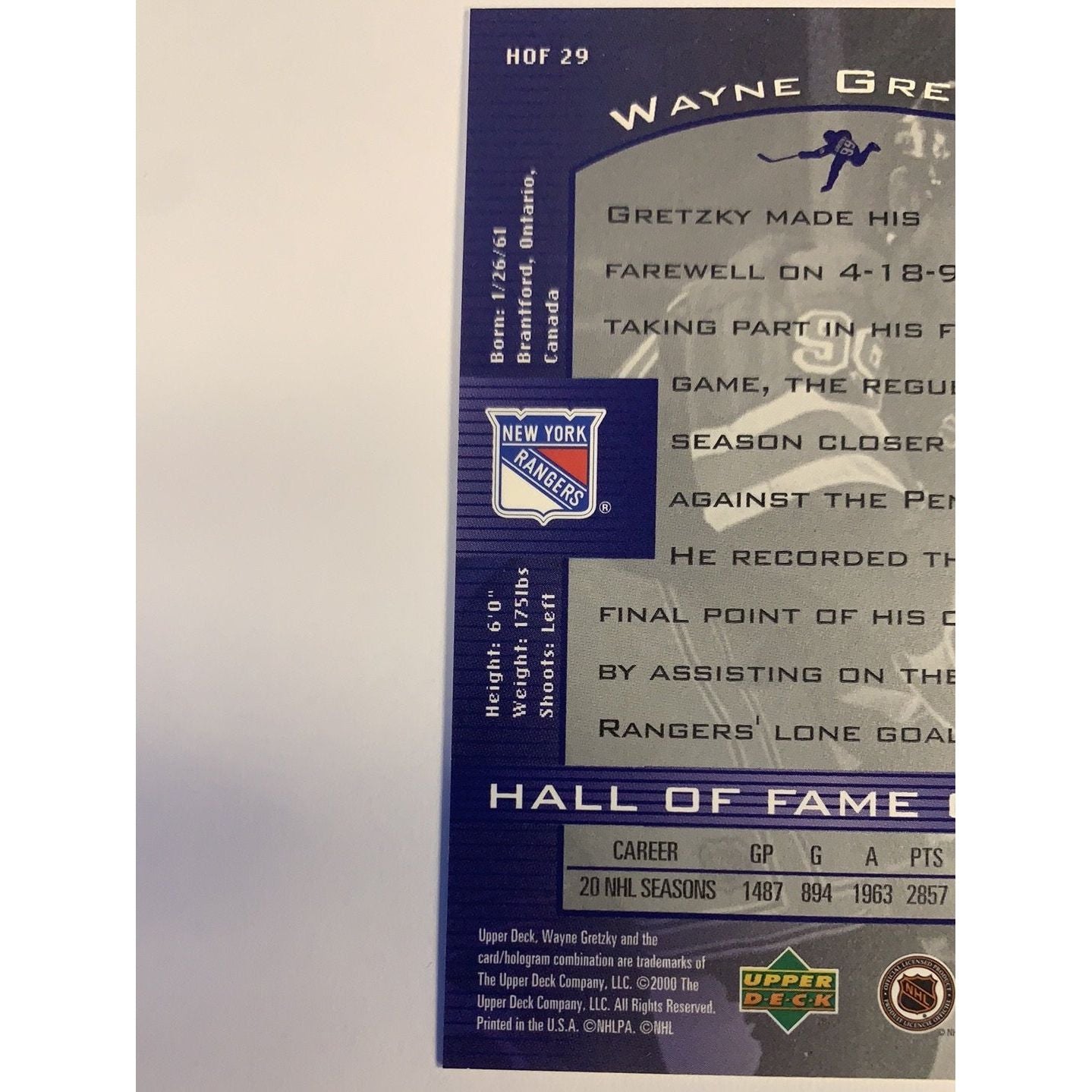 2000 Upper Deck Hall of Fame Career Wayne Gretzky HOF 29 | Local Legends Cards & Collectibles