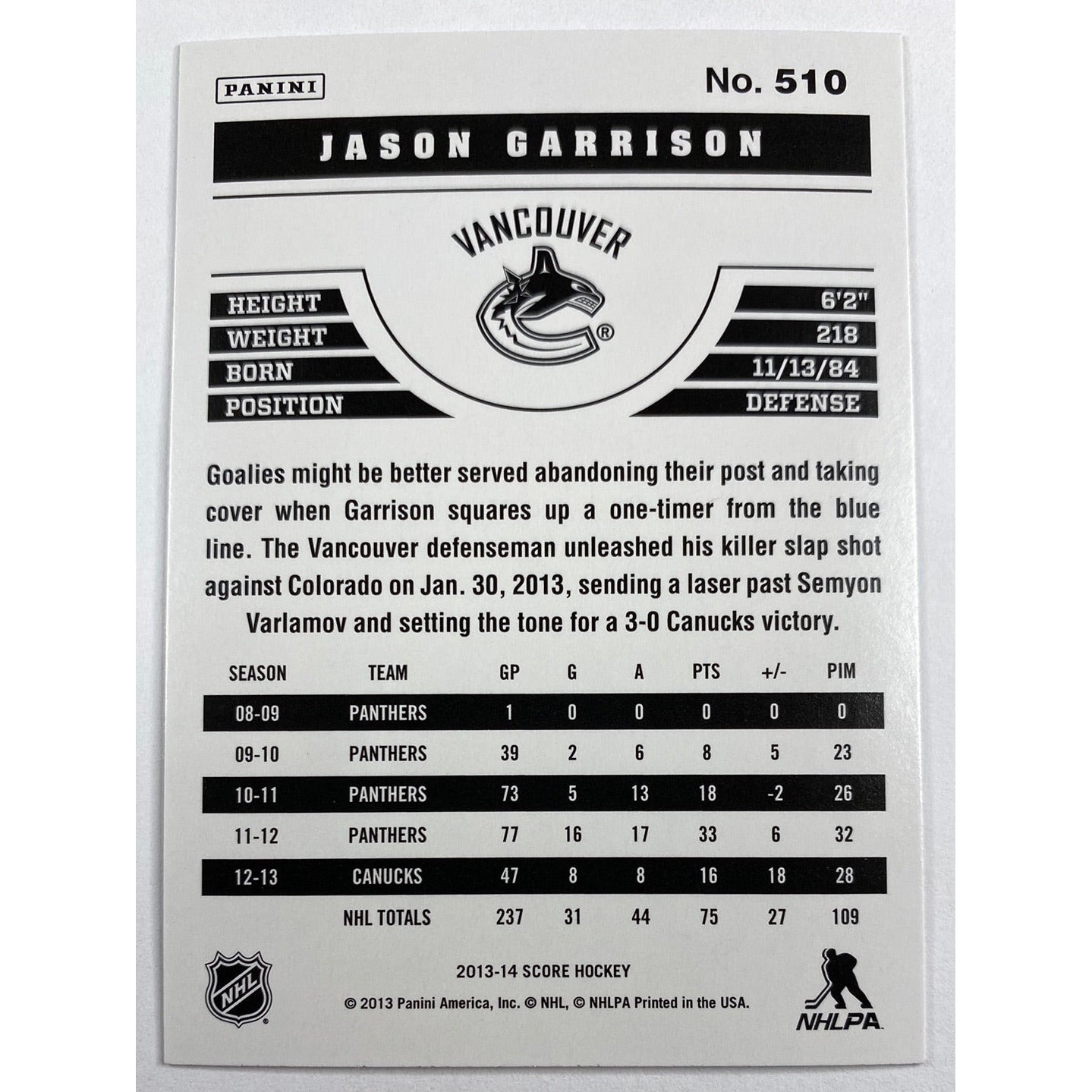 2013-14 Score Jason Garrison | Local Legends Cards & Collectibles