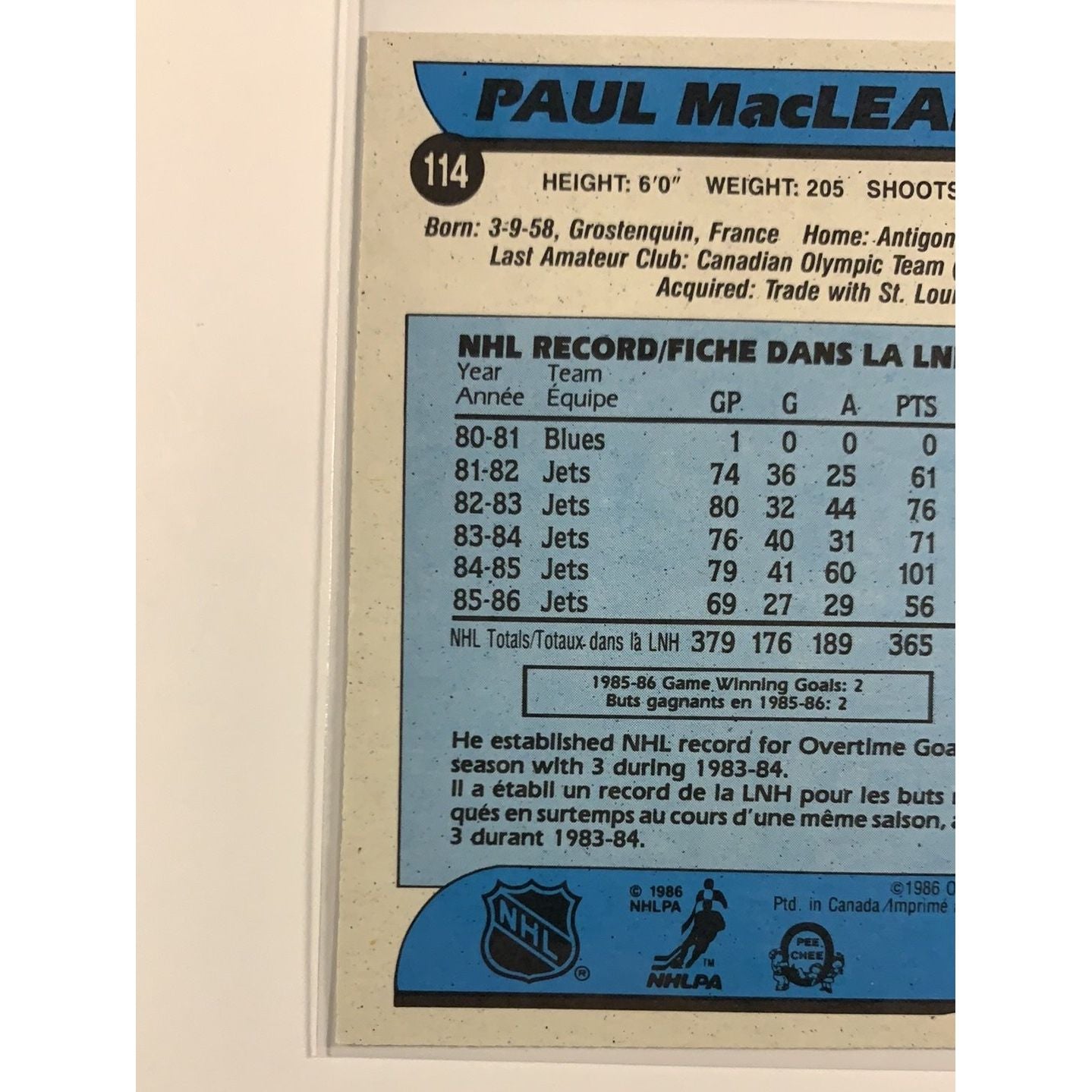 1986-87 O-Pee-Chee Paul Maclean base #114 Local Legends Cards & Collectibles