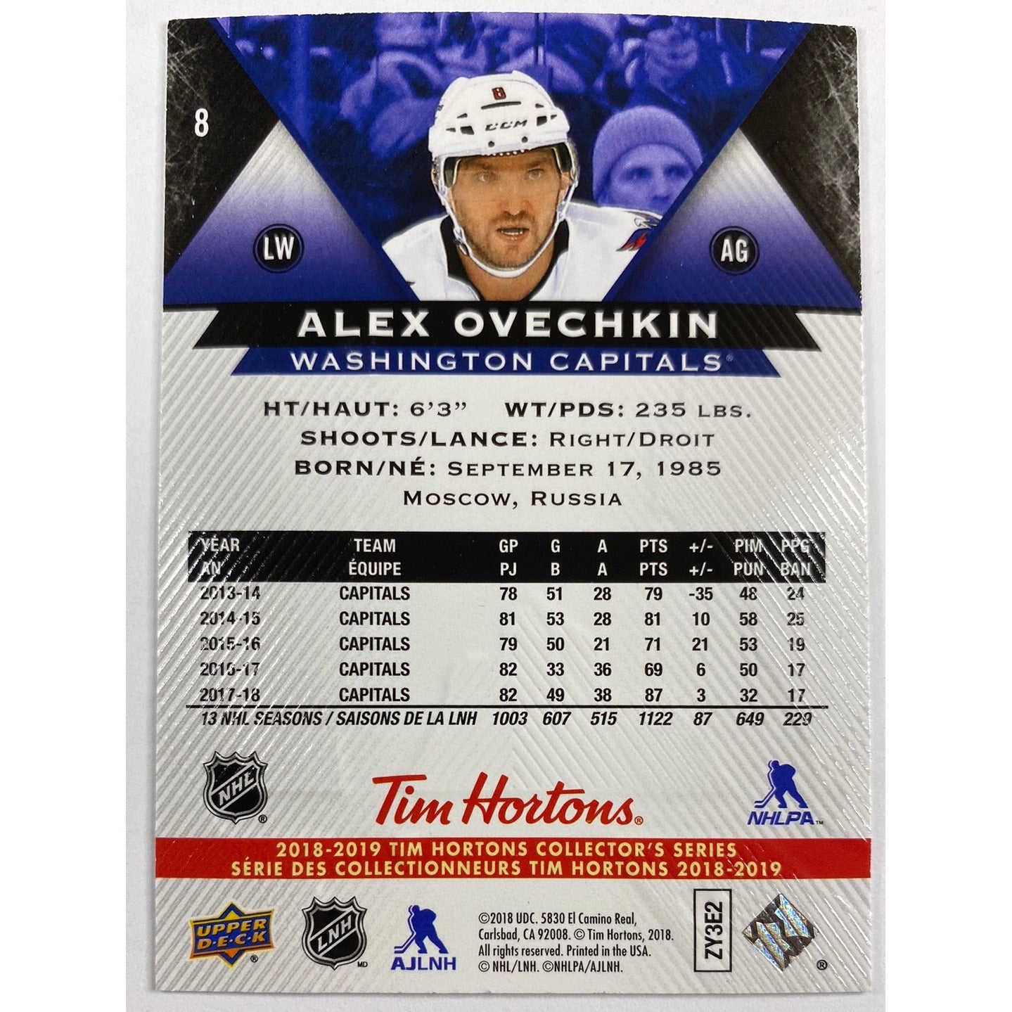 2018-19 Upper Deck Tim Hortons Alex Ovechkin | Local Legends Cards & Collectibles