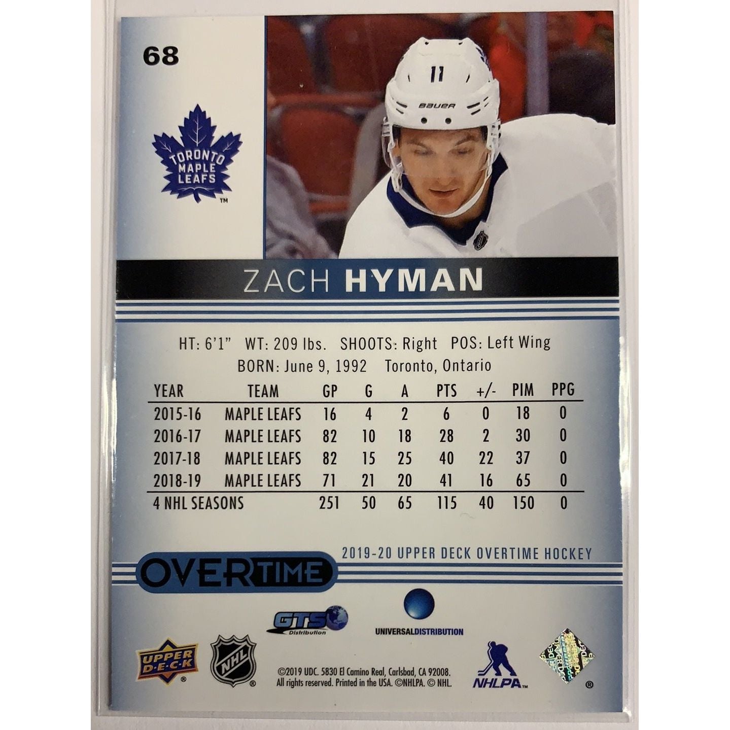 2019-20 Overtime Zach Hyman Blue Parallel | Local Legends Cards & Collectibles