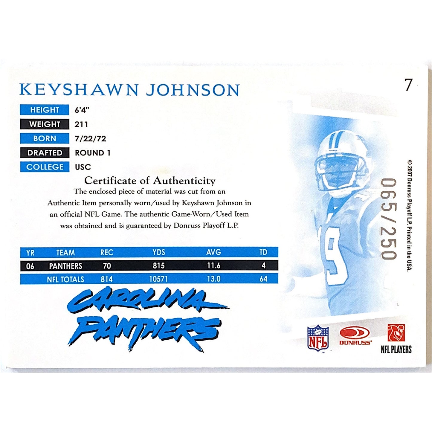 2007 Donruss Threads Keyshawn Johnson Game Worn Relic /250 | Local Legends Cards & Collectibles