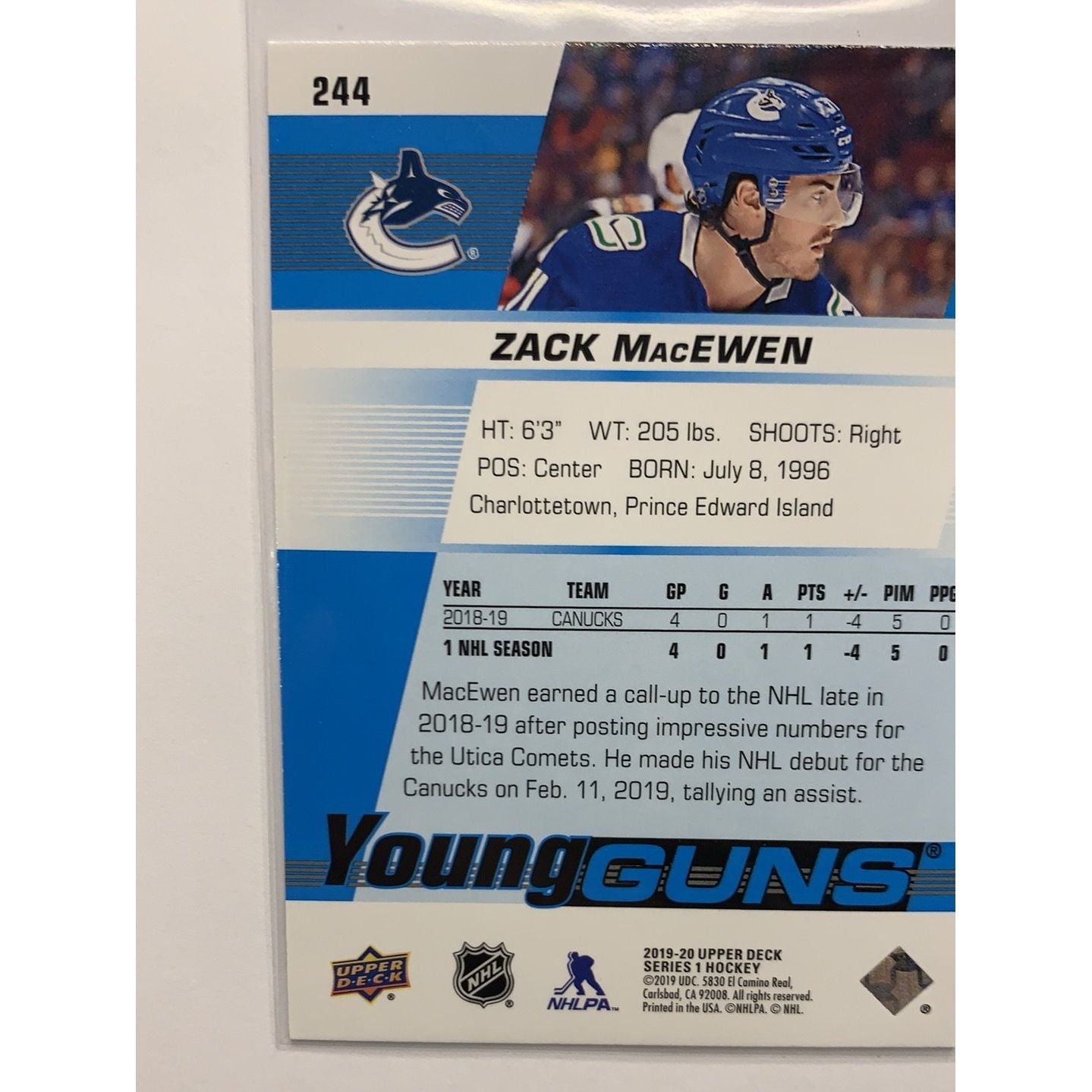 2019-20 Upper Deck Series 1 Zack Macewen Young Guns | Local Legends Cards & Collectibles