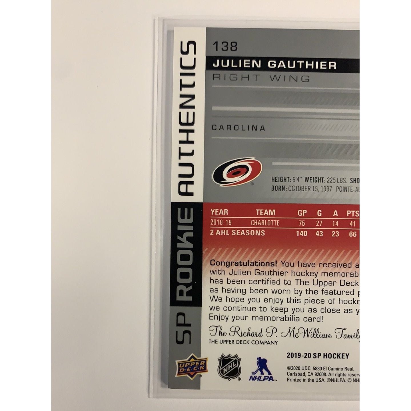 2019-20 SP Julien Gauthier Rookie Authentics Jersey Patch | Local Legends Cards & Collectibles