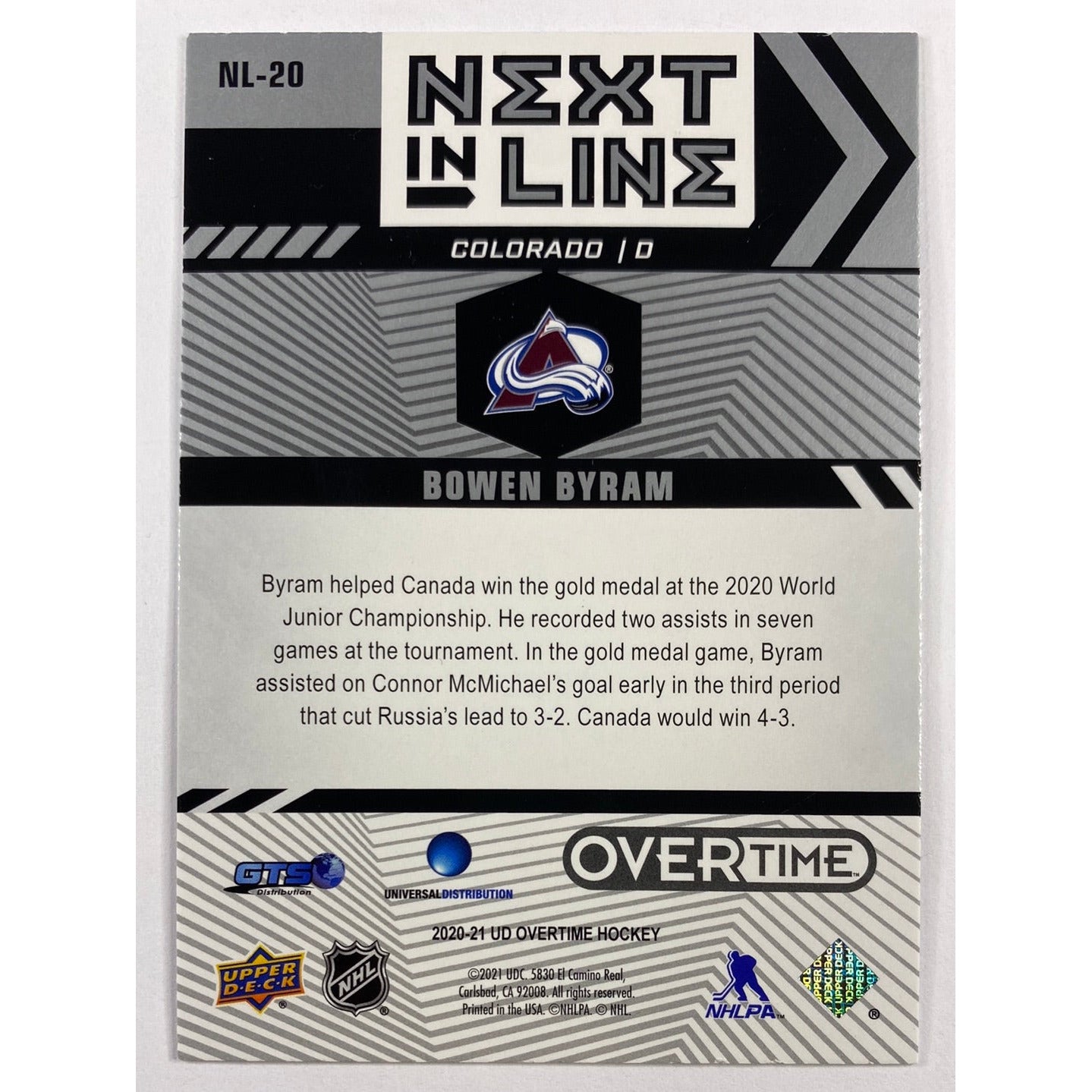 2020-21 UD Overtime Bowen Byram Next In Line | Local Legends Cards & Collectibles
