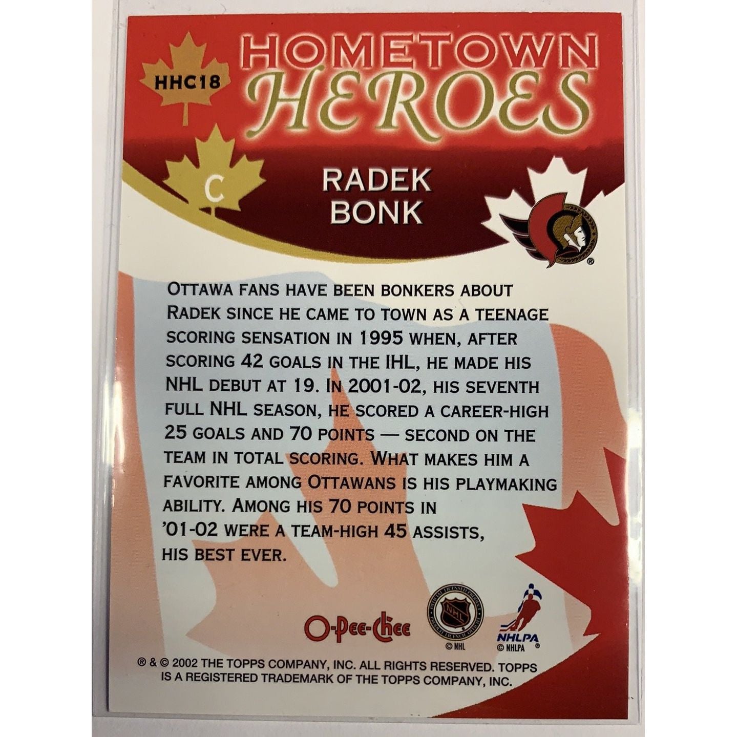 2002 O-Pee-Chee Hometown Heroes Radek Bonk | Local Legends Cards & Collectibles