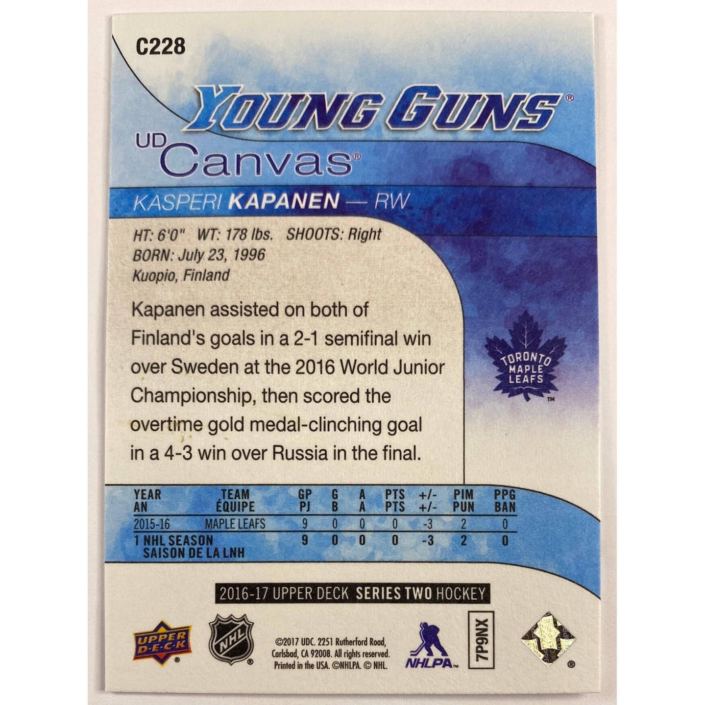 2016-17 Upper Deck Series 2 Kasperi Kapanen Young Guns Canvas | Local Legends Cards & Collectibles