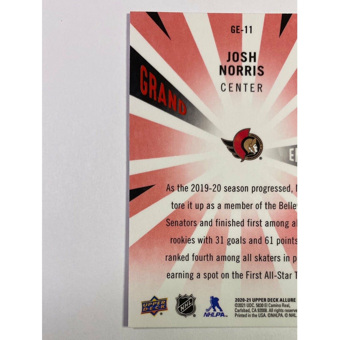 2020-21 Allure Josh Norris Grand Entrance Red Parallel | Local Legends Cards & Collectibles