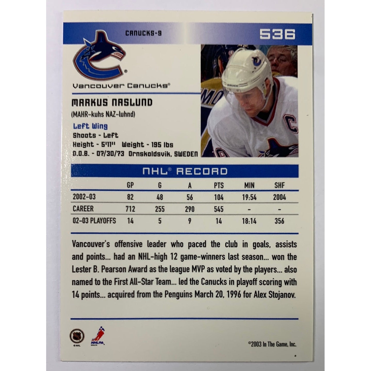 2002-03 In The Game Markus Naslund Action | Local Legends Cards & Collectibles