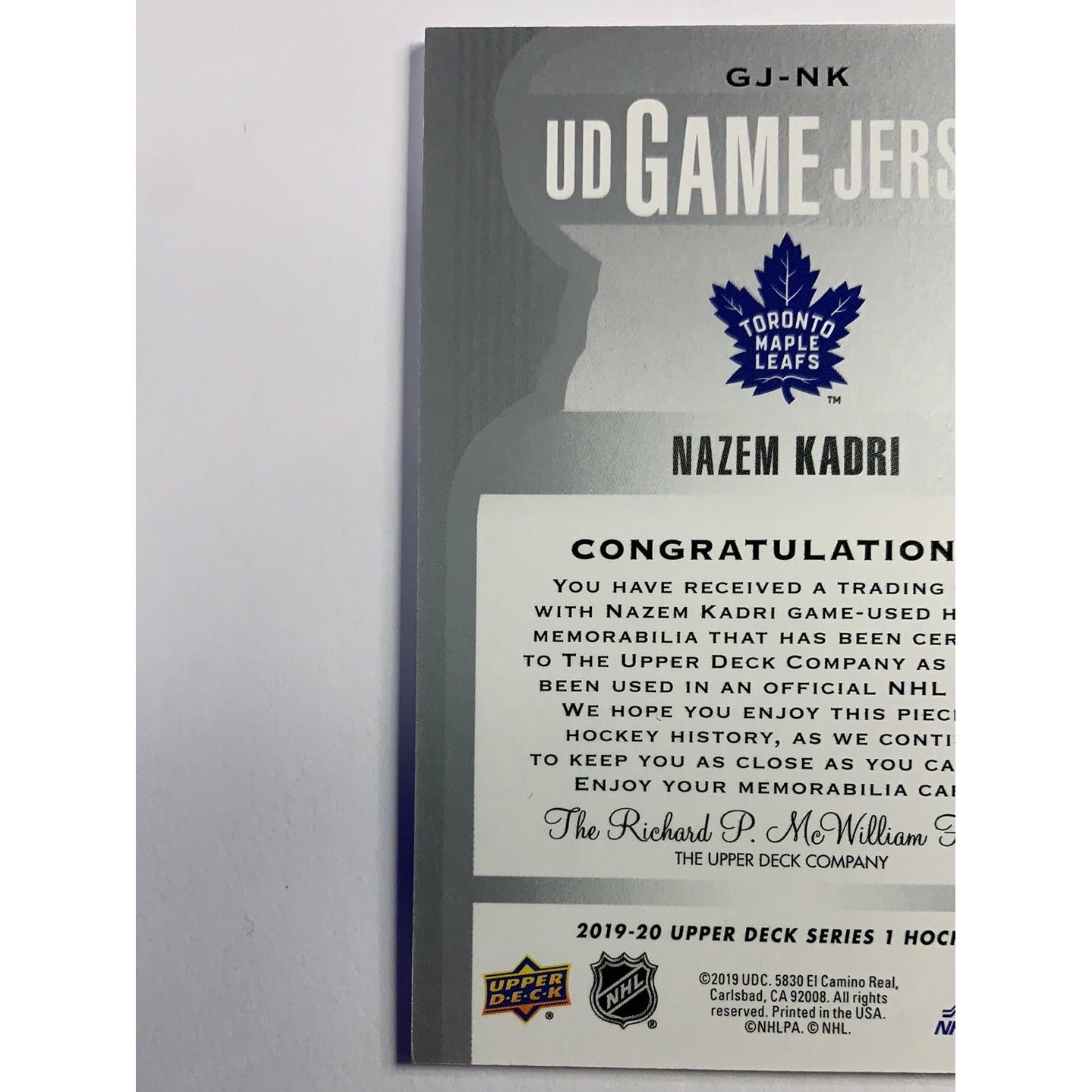 2019-20 Upper Deck Series 1 Nazem Kadri UD Game Jersey | Local Legends Cards & Collectibles