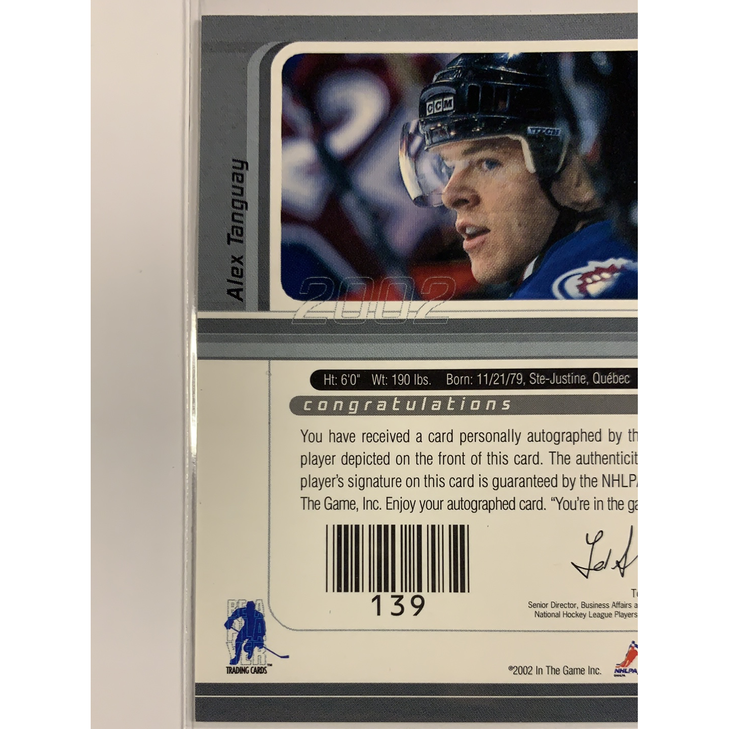 2002-03 In The Game Alex Tanguay Signature Series | Local Legends Cards & Collectibles
