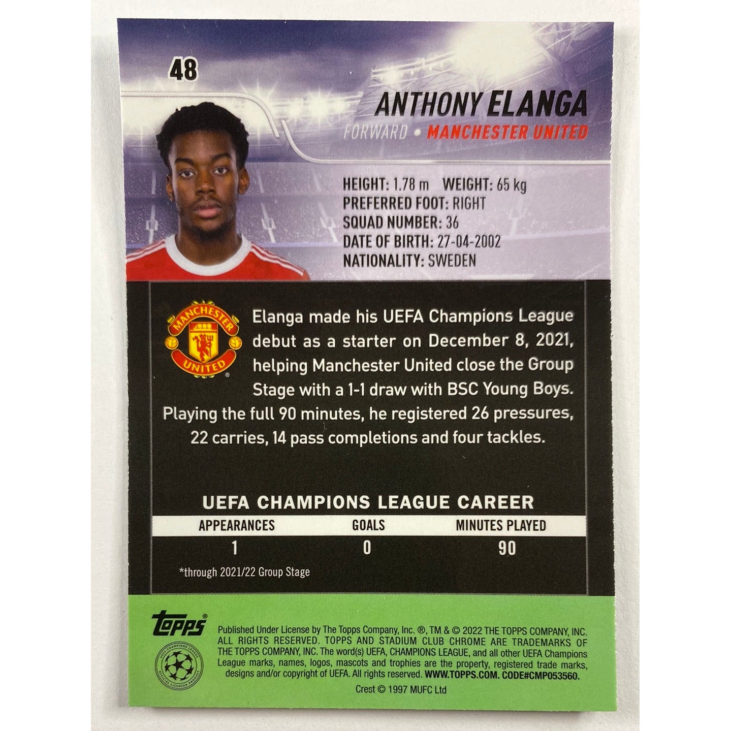 2022 Stadium Club Chrome Anthony Elanga RC | Local Legends Cards & Collectibles