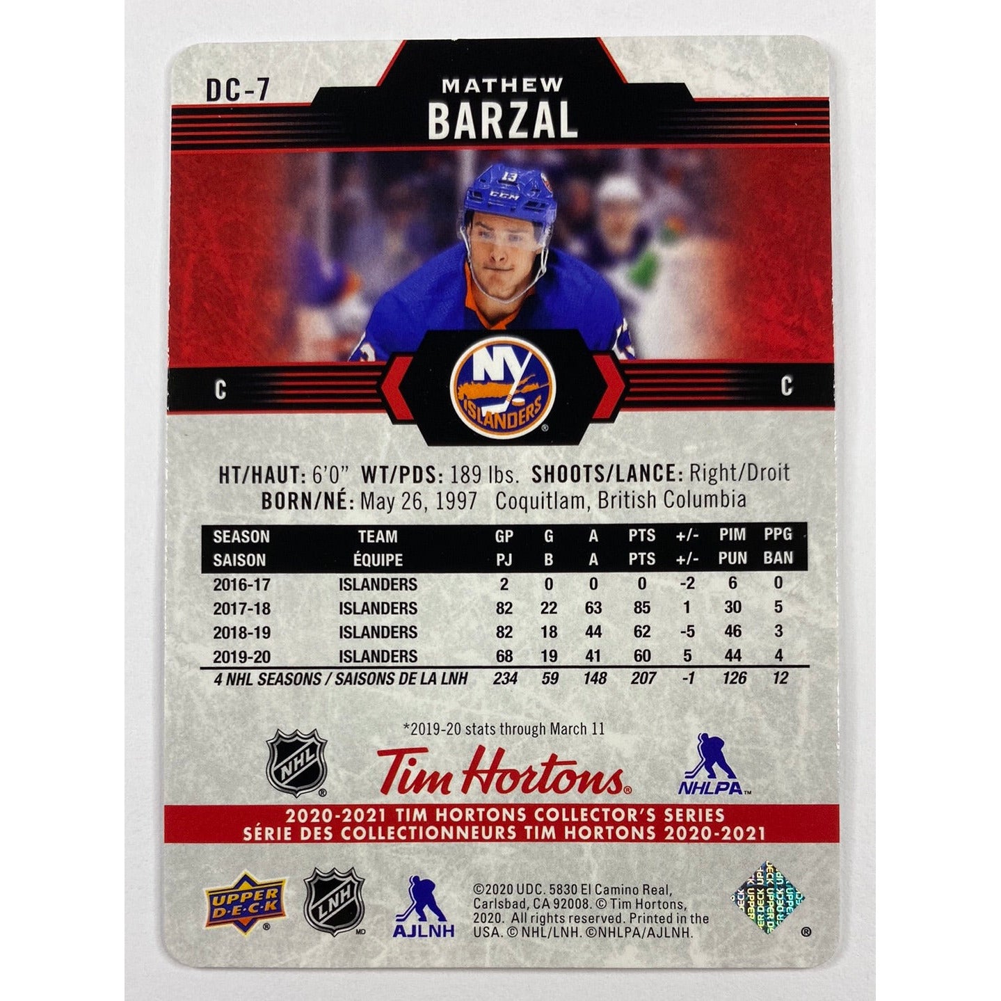 2020-21 Tim Hortons Mathew Barzal Red Die Cut | Local Legends Cards & Collectibles