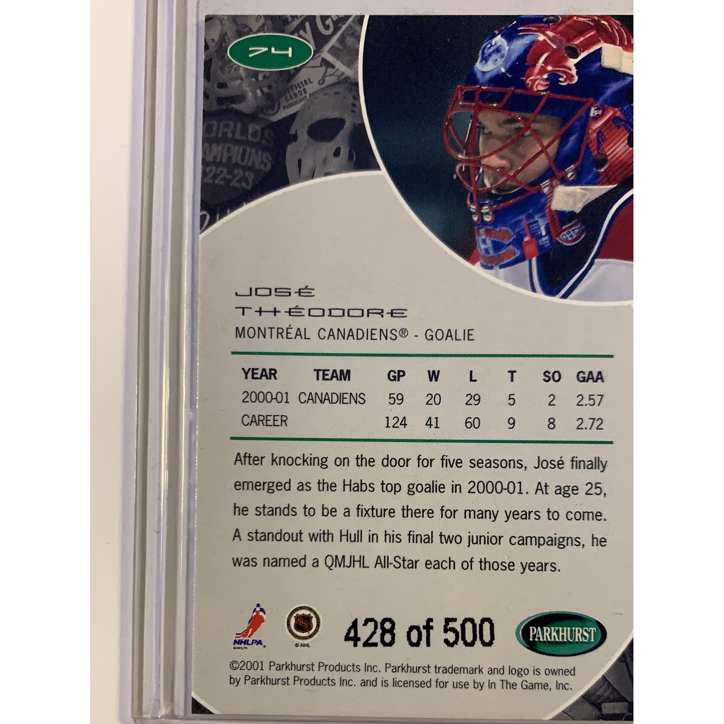 2001-02 Parkhurst Jose Theodore Silver Foil /500 | Local Legends Cards & Collectibles