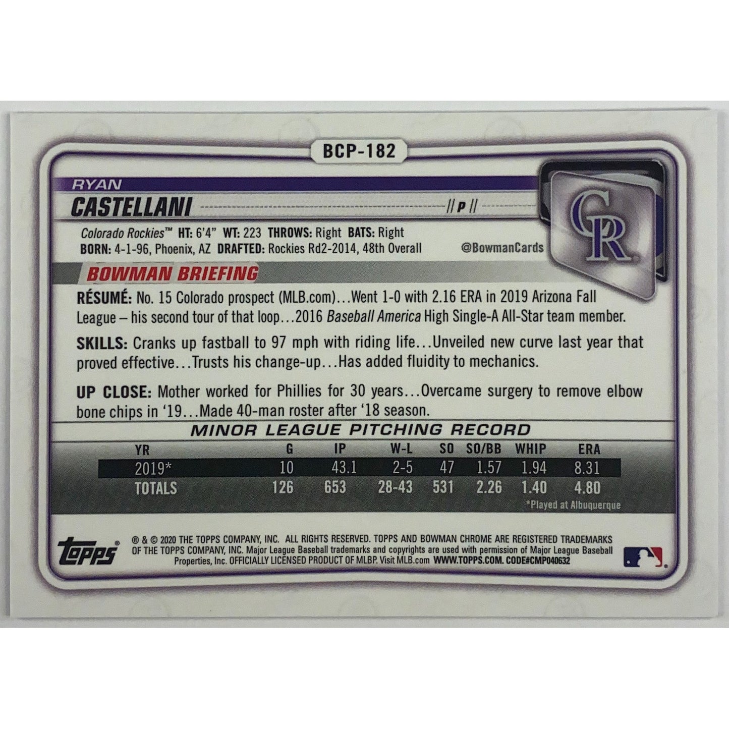 2020 Bowman Chrome Ryan Castellani Purple Refractor /250 | Local Legends Cards & Collectibles