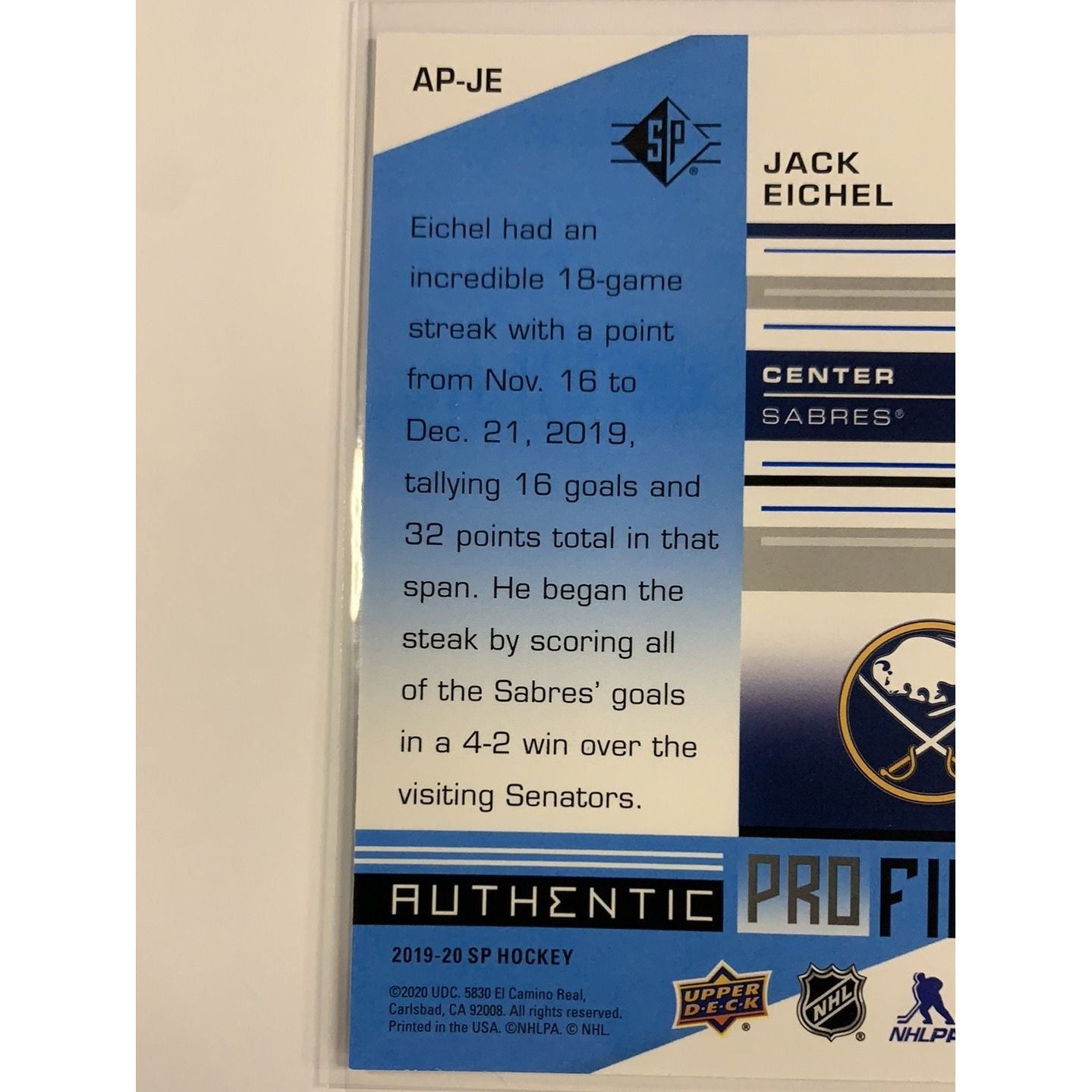 2019-20 SP Jack Eichel Authentic Pro Files | Local Legends Cards & Collectibles