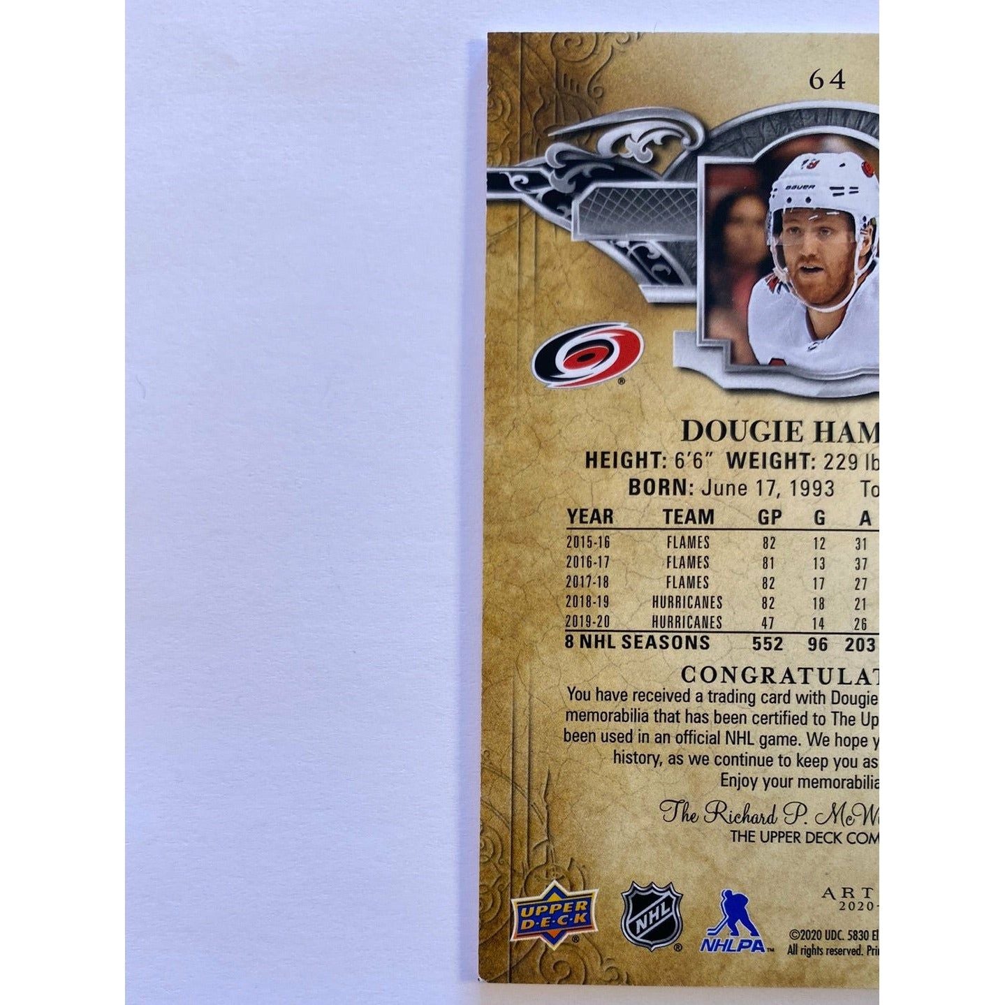 2020-21 Artifacts Dougie Hamilton Gold Dual Patch /175 | Local Legends Cards & Collectibles