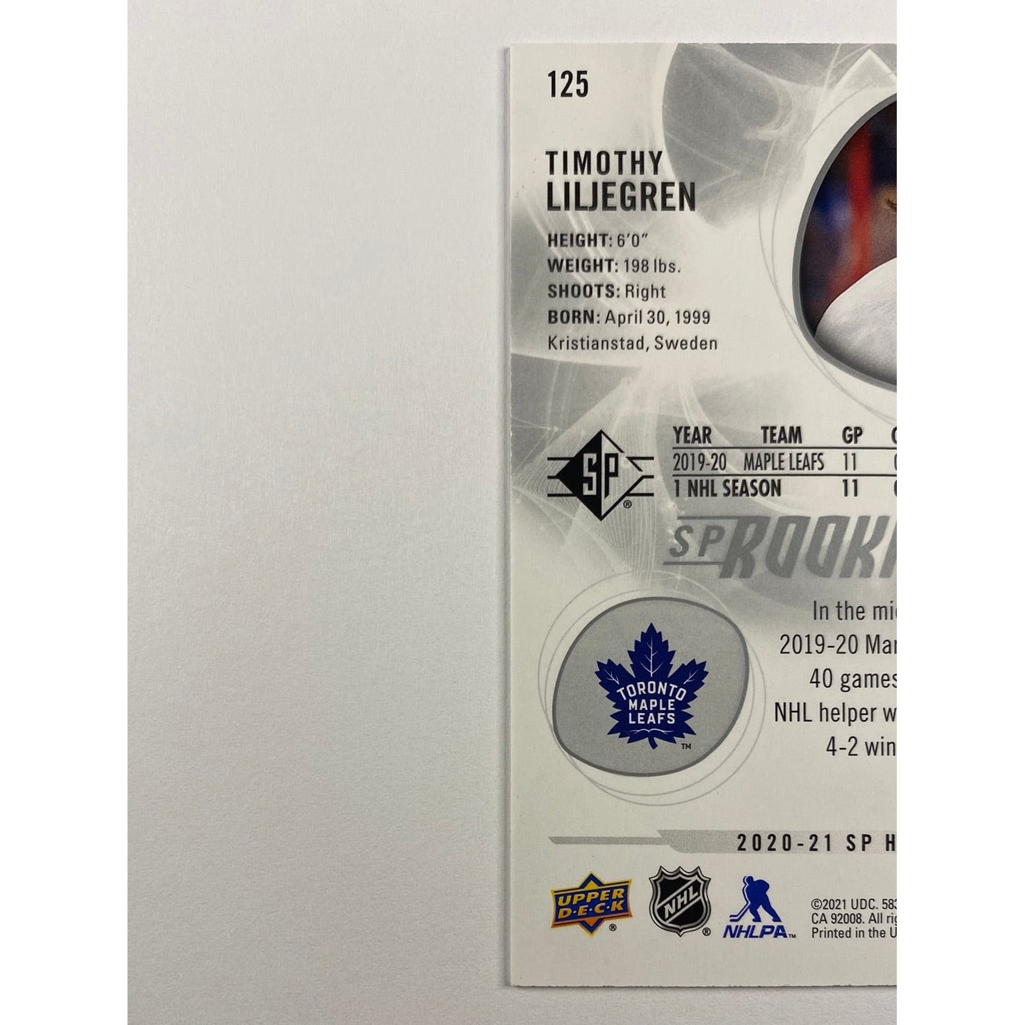 2020-21 SP Authentics Timothy Liljegren Rookie Authentics /2299 | Local Legends Cards & Collectibles