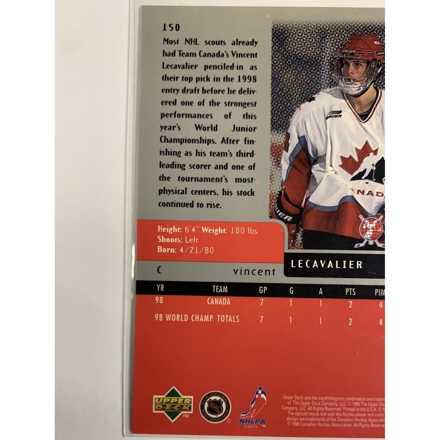 1998 Black Diamond Vincent Lecavalier Team Canada World Juniors RC | Local Legends Cards & Collectibles