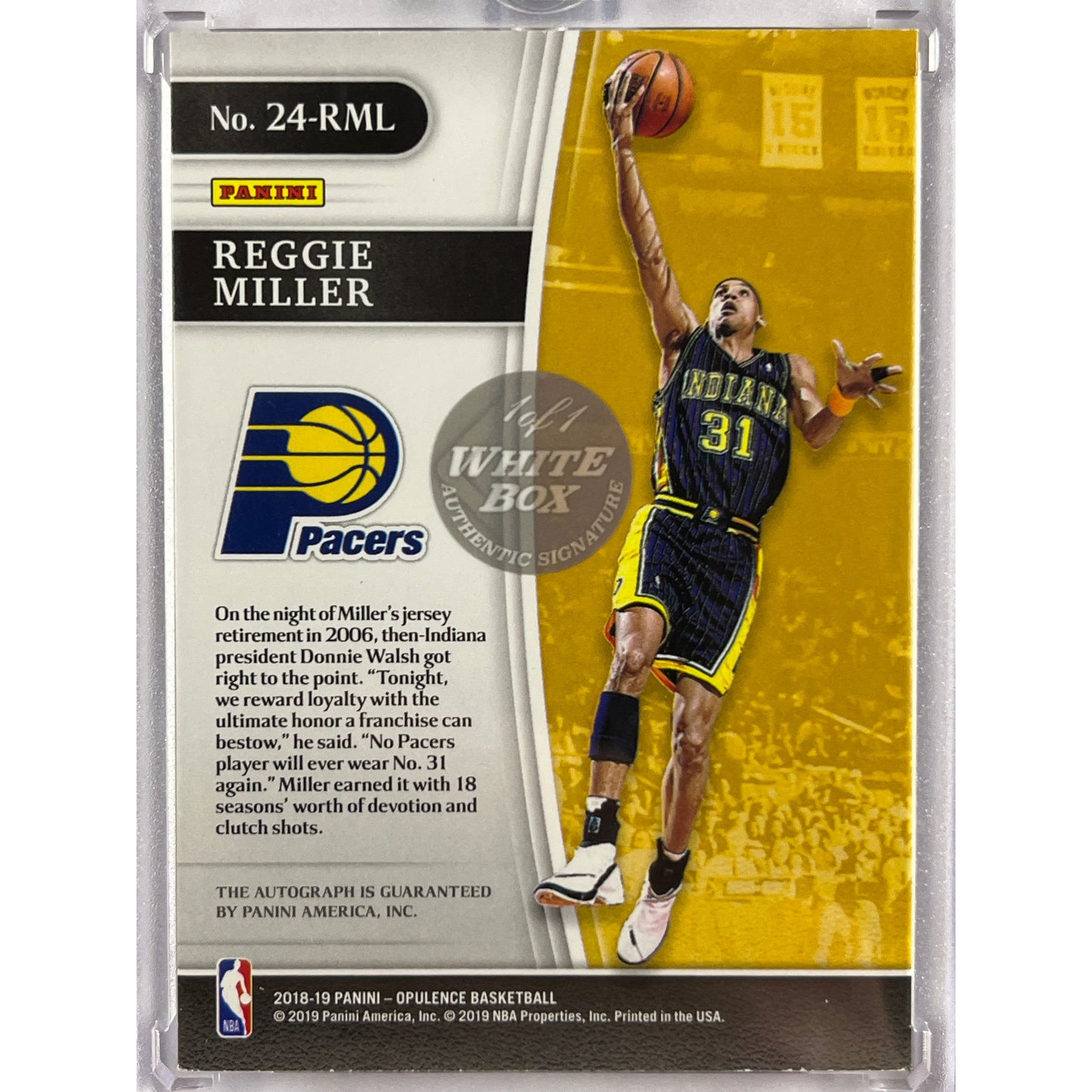 2018-19 Panini Opulence Reggie Miller 24K Inscribed Auto White Box 1 of 1