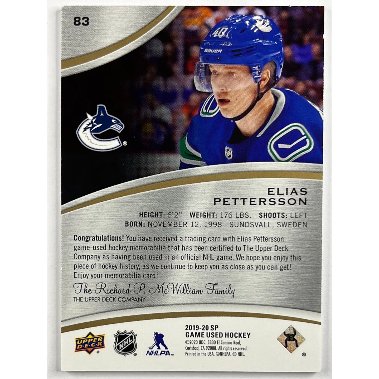 2019-20 SP Game Used Elias Pettersson Game Used Memorabilia