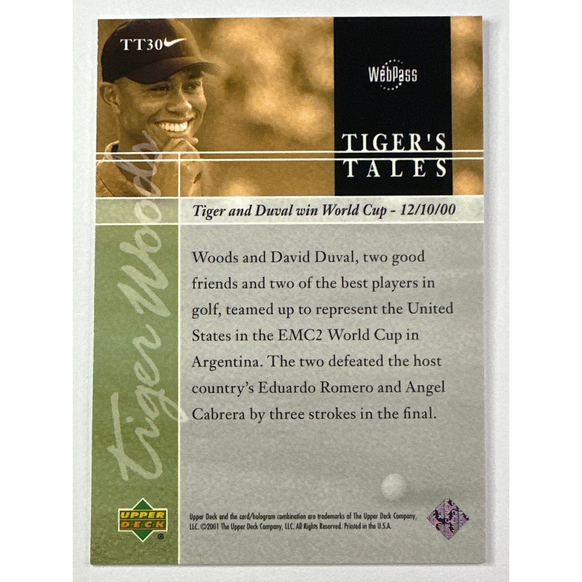2001 Upper Deck Tiger Woods Tiger’s Tales Tiger & Duval Win World Cup 00 RC | Local Legends Cards & Collectibles