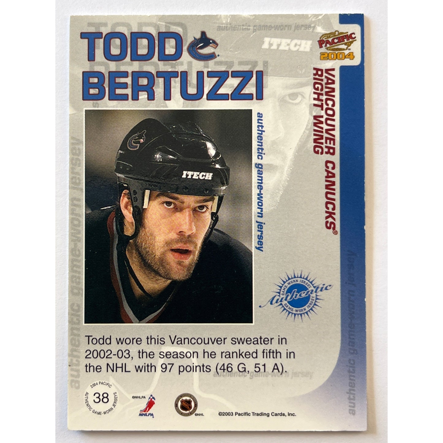 2003-04 Pacific Todd Bertuzzi Game Worn Jersey