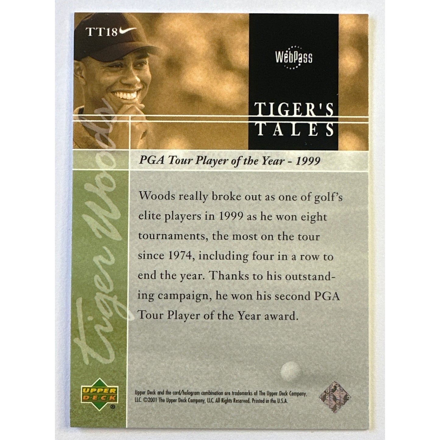 2001 Upper Deck Tiger Woods Tiger’s Tales PGA Player of the Year - 1999 RC | Local Legends Cards & Collectibles