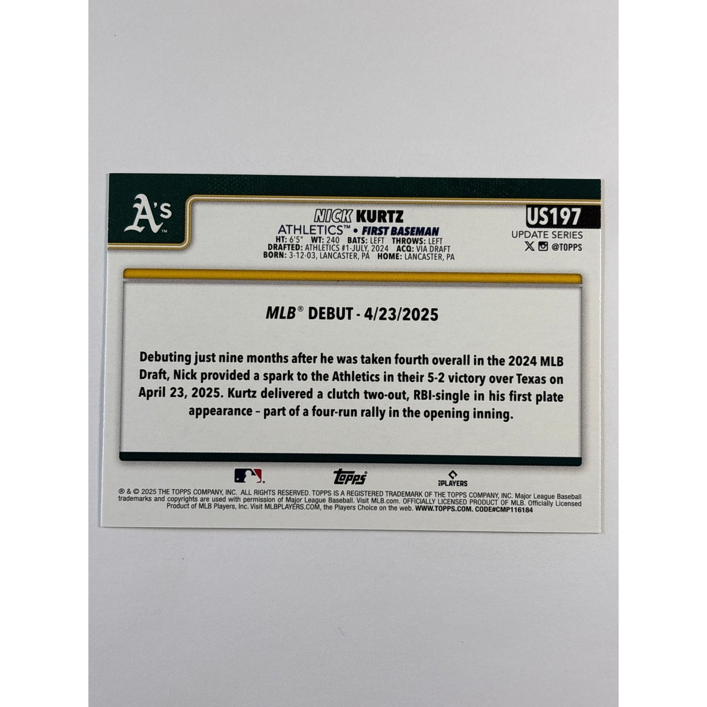2025 Update Series Nick Kurtz Cracked Ice Foil RC | Local Legends Cards & Collectibles