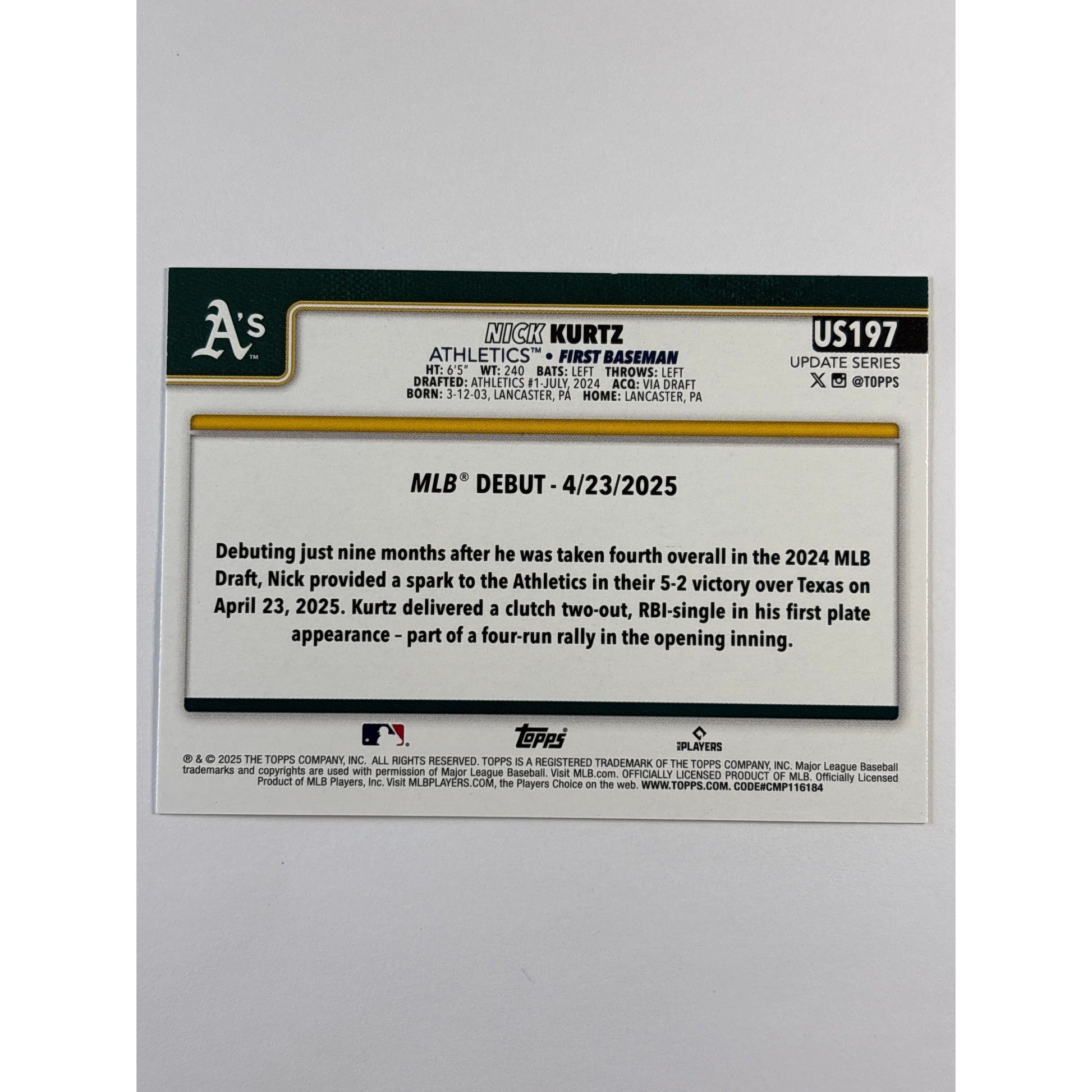 2025 Update Series Nick Kurtz Cracked Ice Foil RC | Local Legends Cards & Collectibles